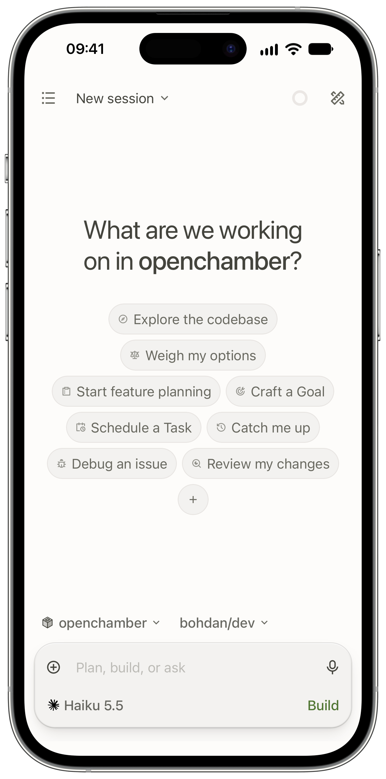OpenChamber mobile new session