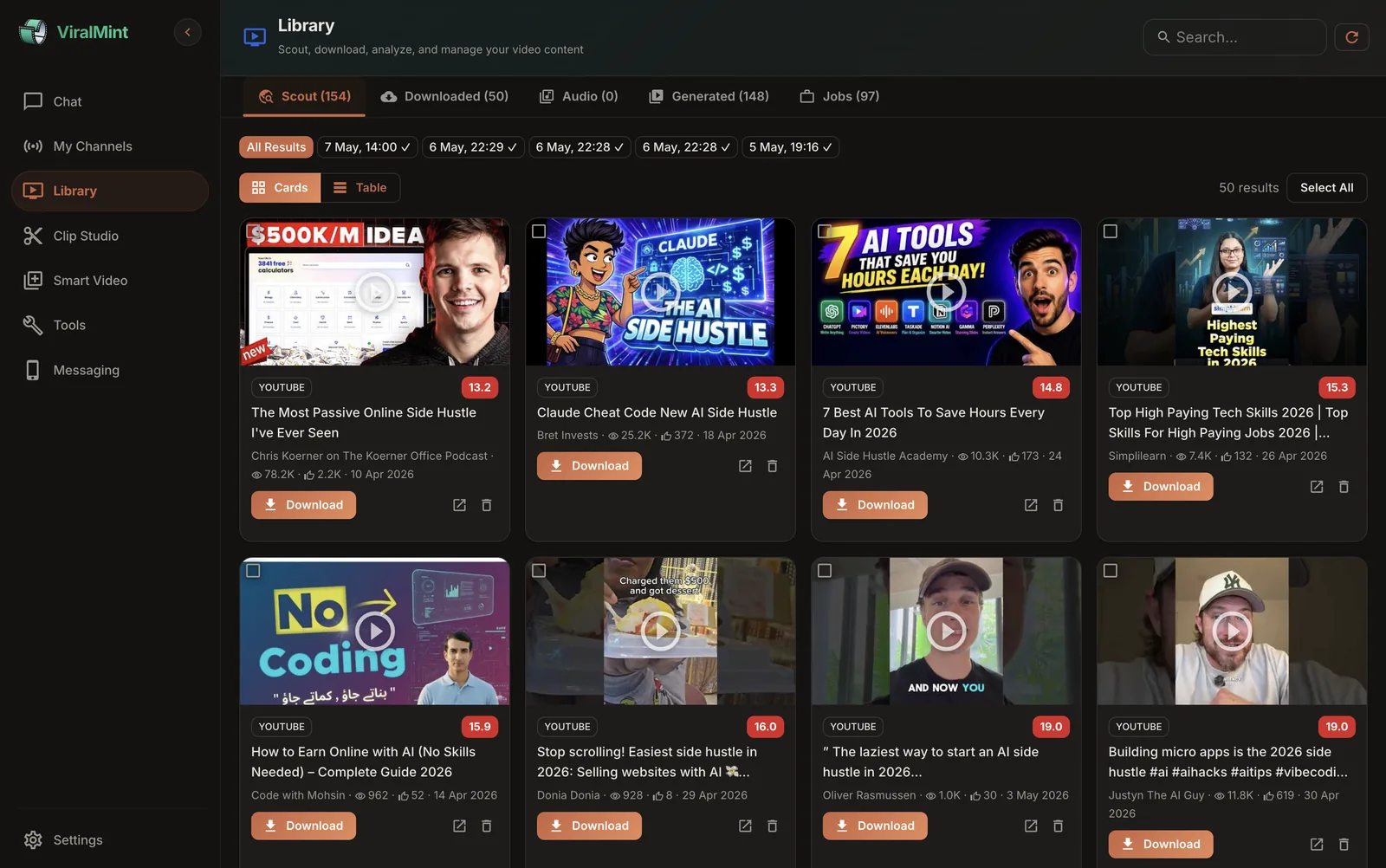 Library — Scout results with virality scores