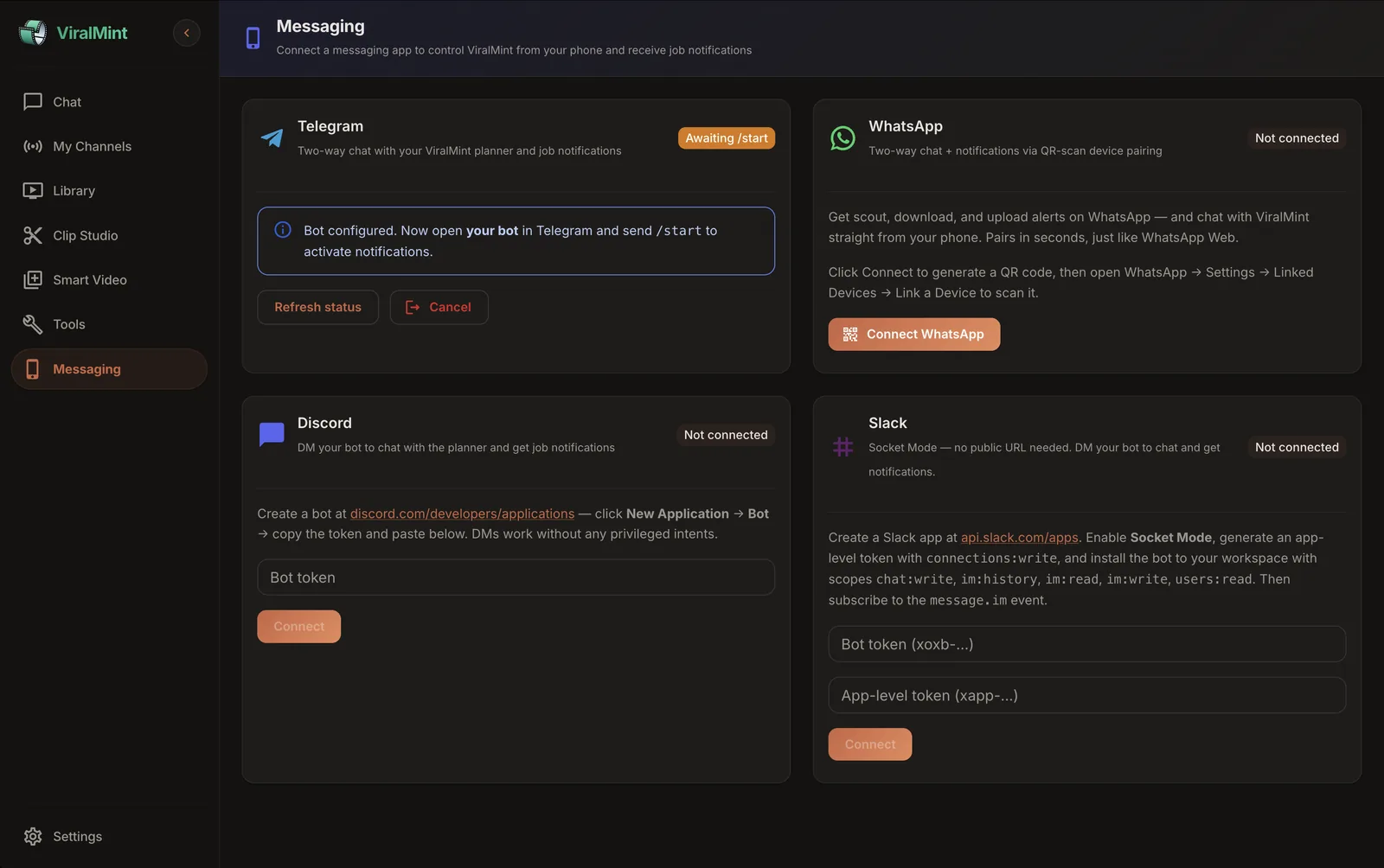 Messaging — Telegram, WhatsApp, Discord, Slack