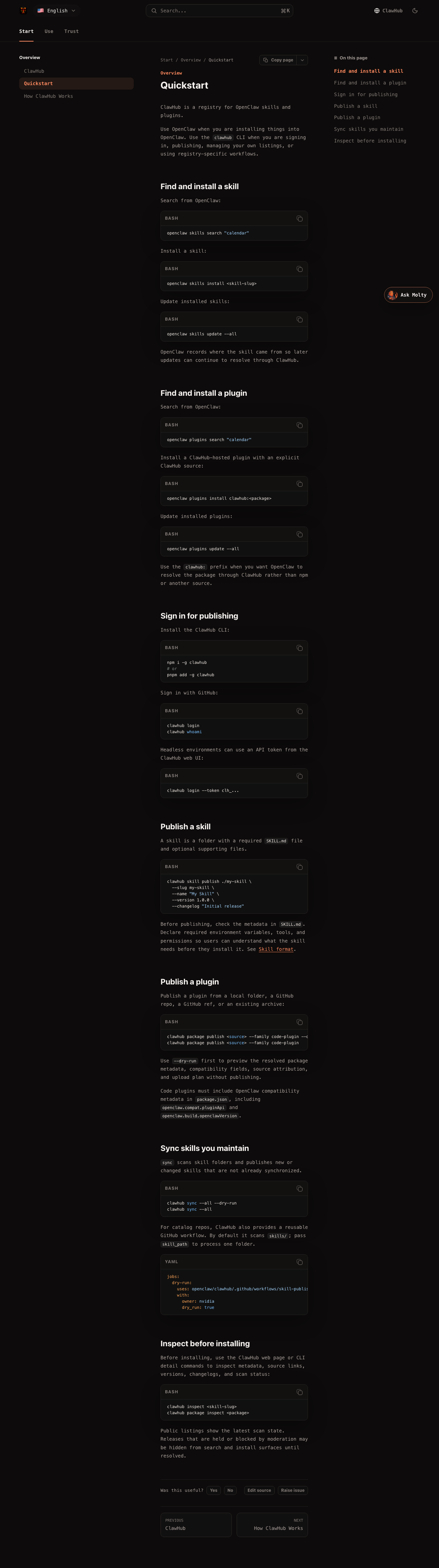 ClawHub docs quickstart renders with Molty shell