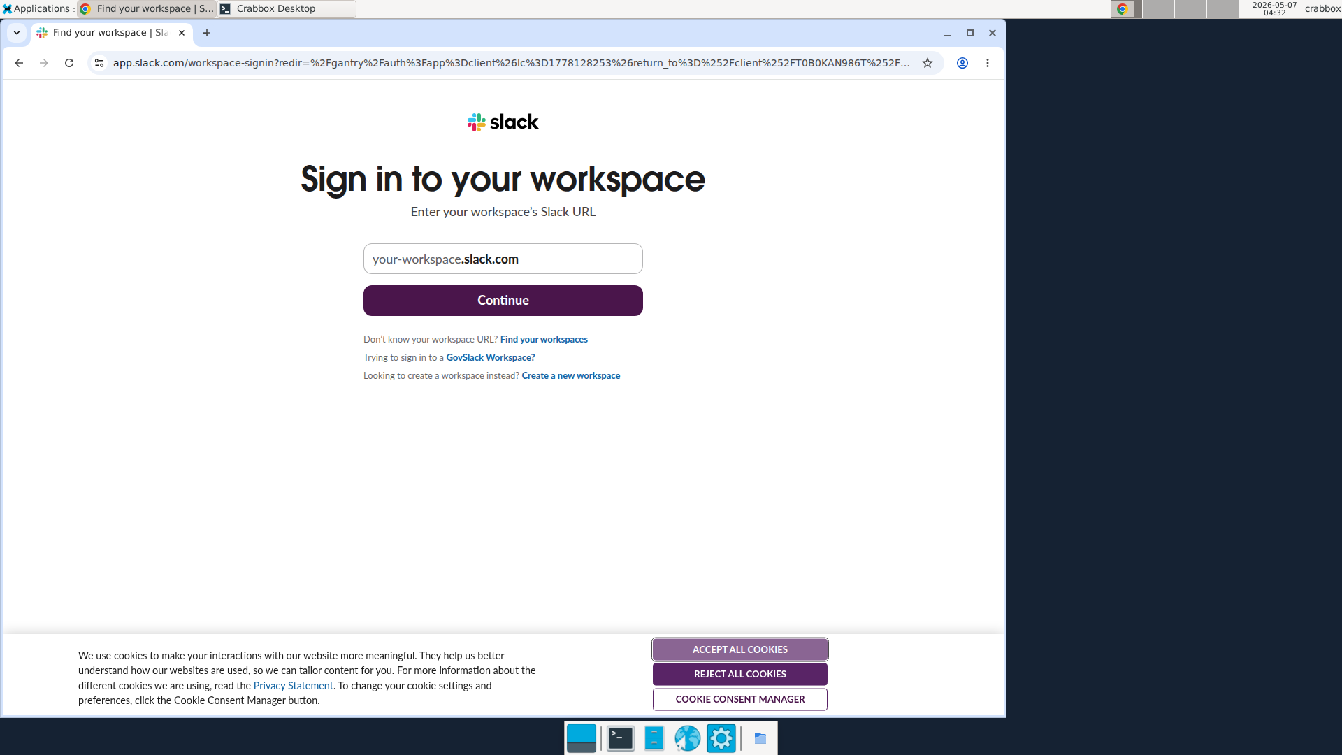 Slack Web desktop screenshot from the Mantis VM