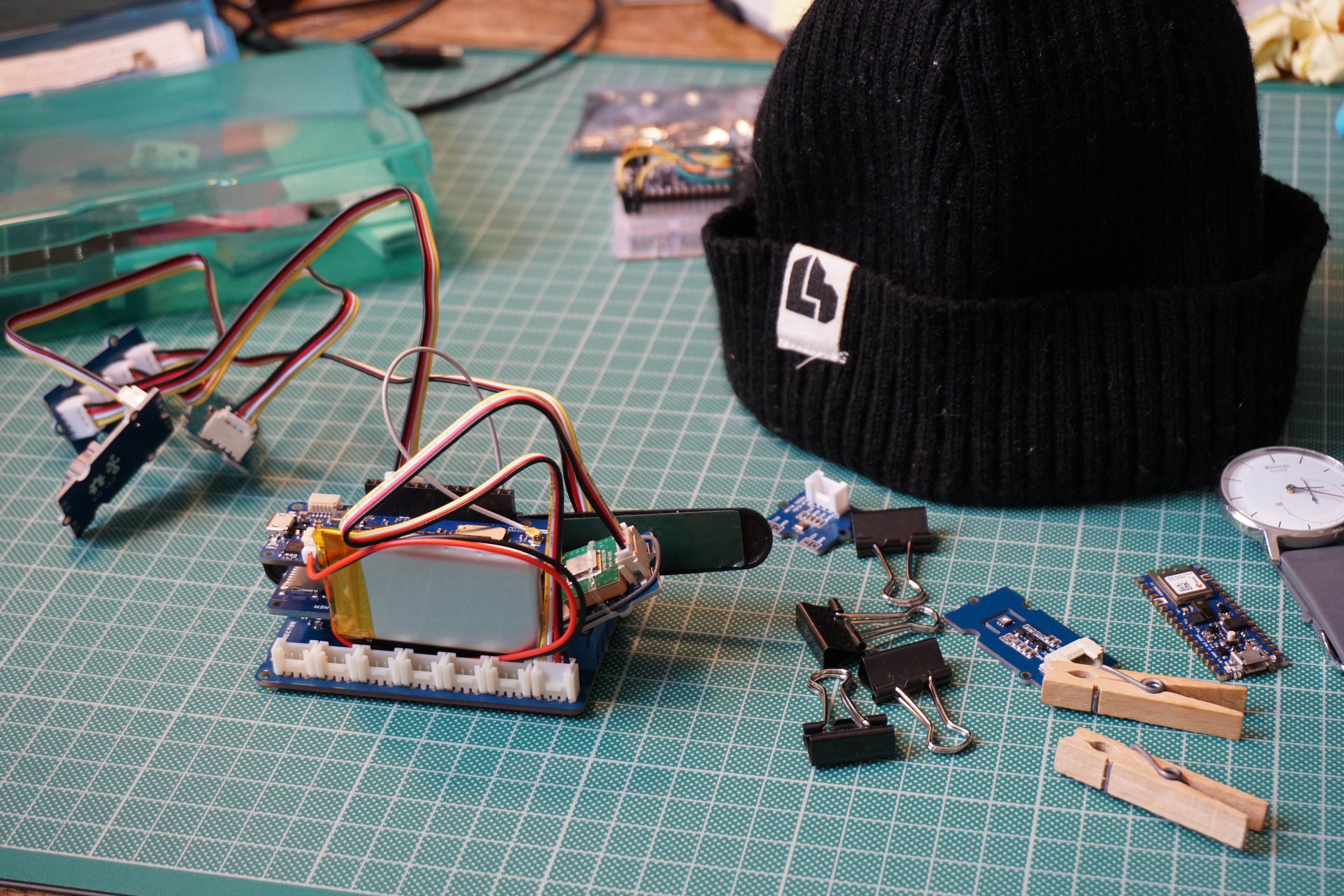 Piecing together sensor components for a LoRaWAN enabled wearable step tracker with GPS, using a hat to facilitate sketching wearability