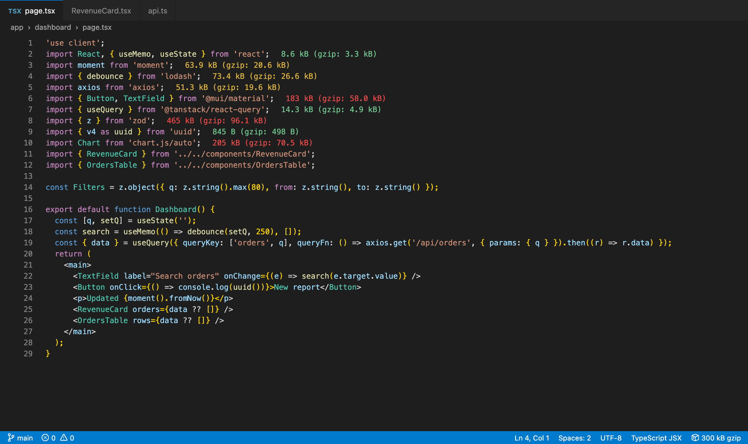 Import sizes inline, colored by size, with the file total in the status bar