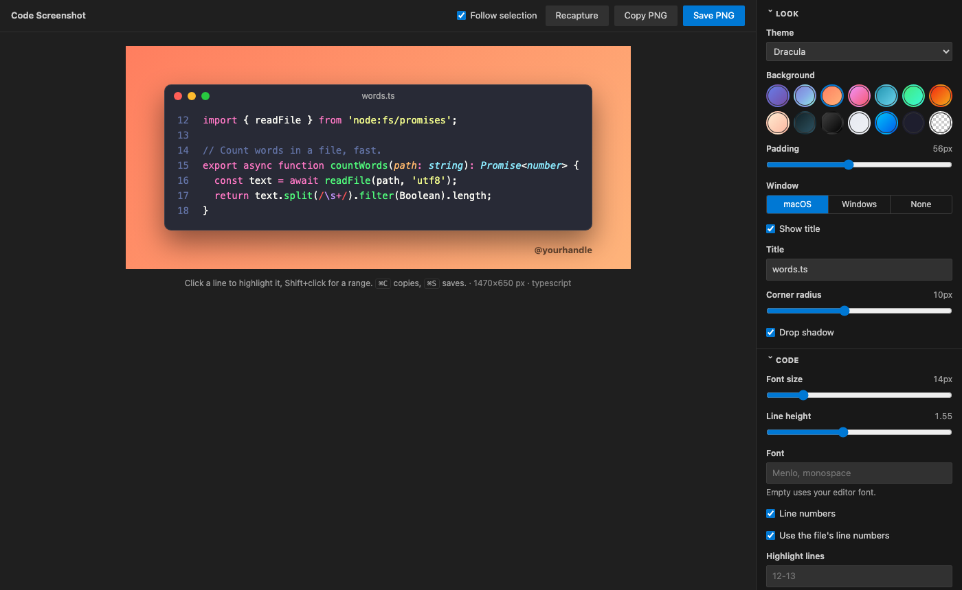 Code Screenshot panel
