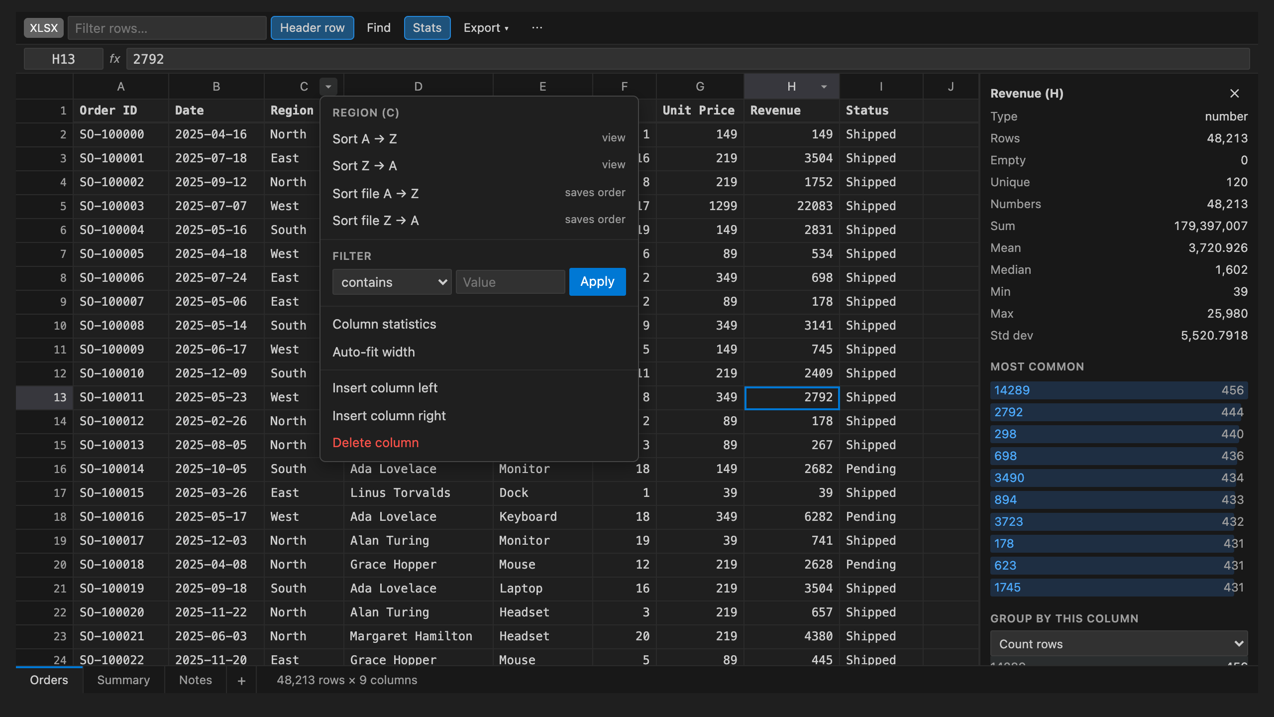 Column menu with sort and filter