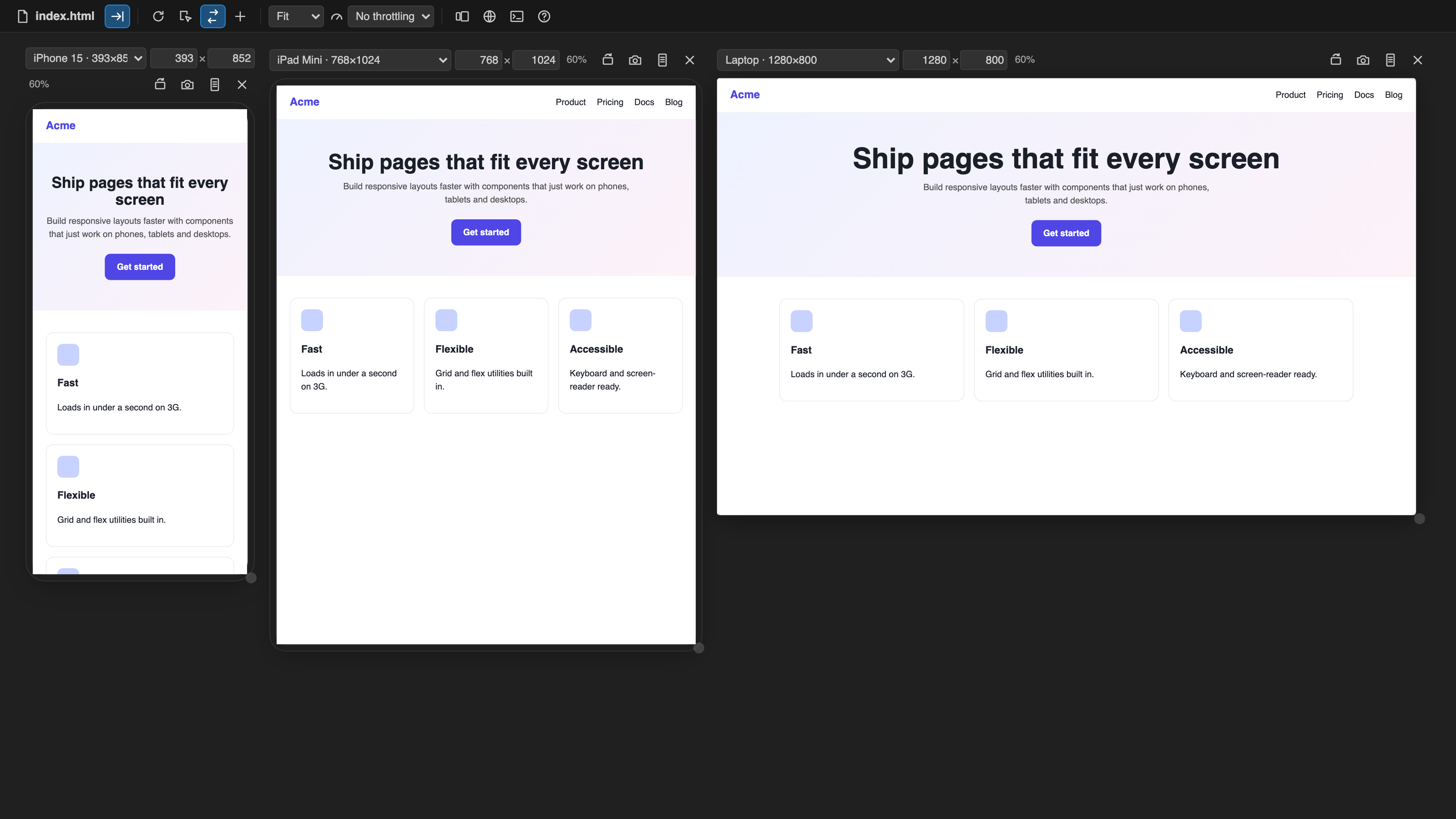 Phone, tablet and laptop frames side by side, dark theme