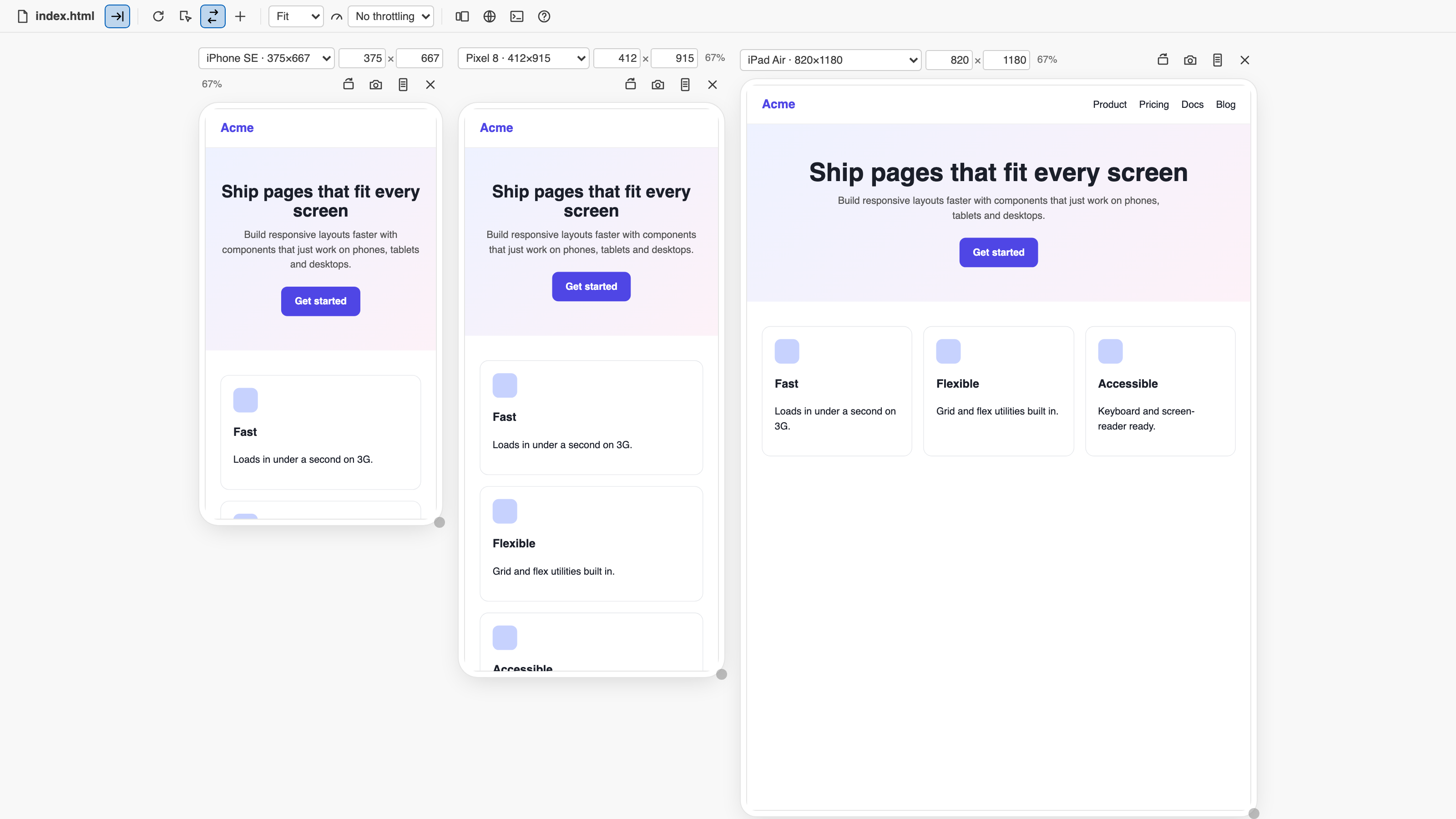 Three device frames in the light theme