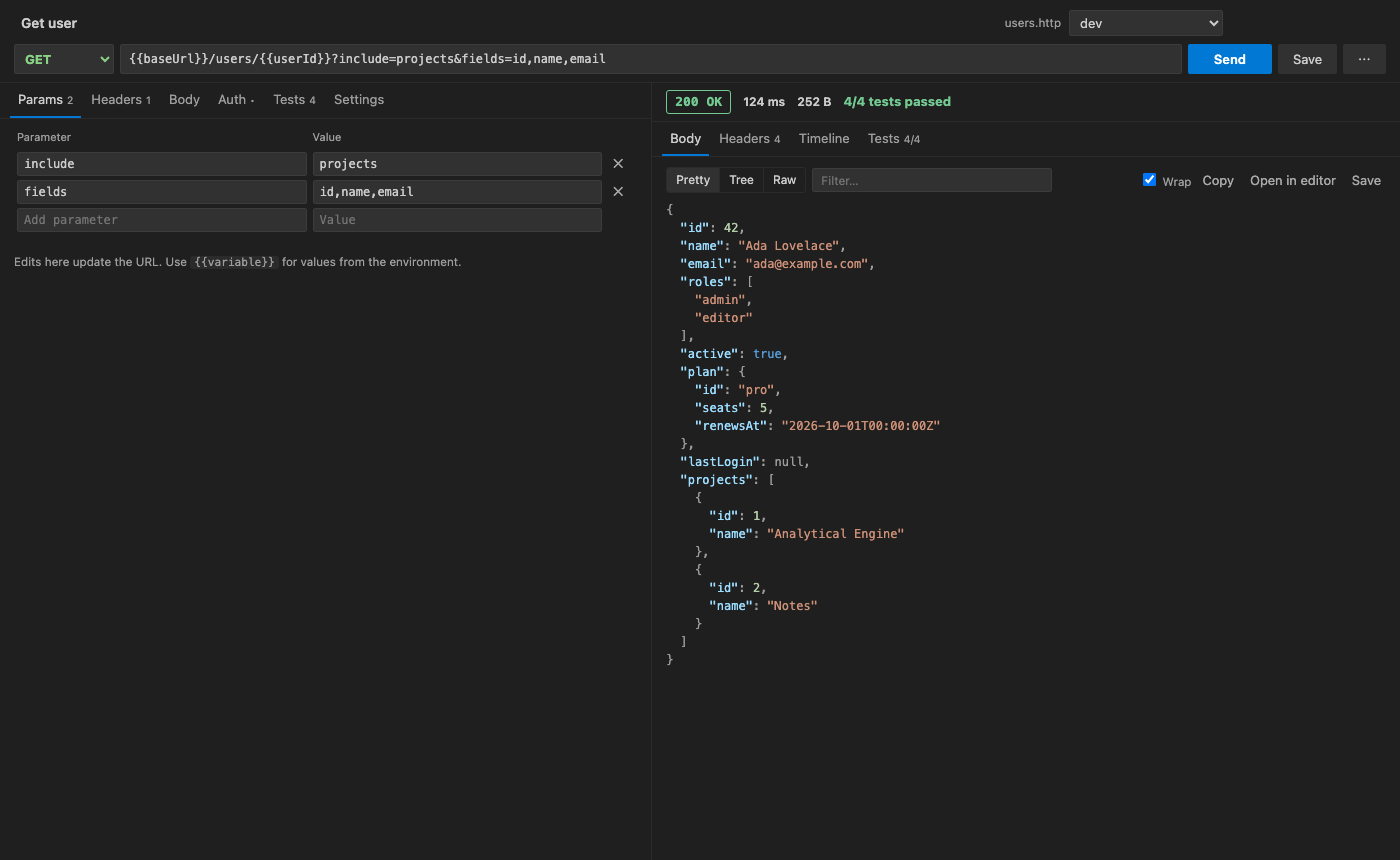 Request editor with a JSON response