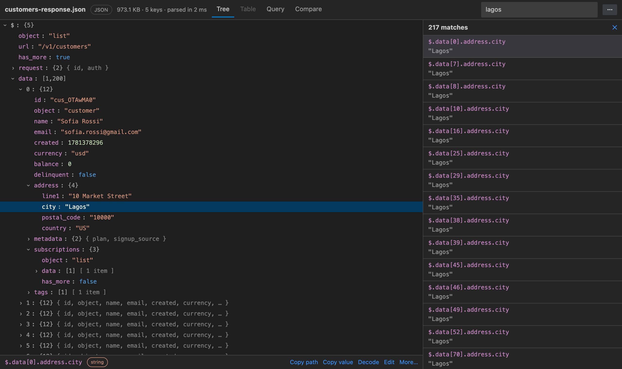 Tree view with search results