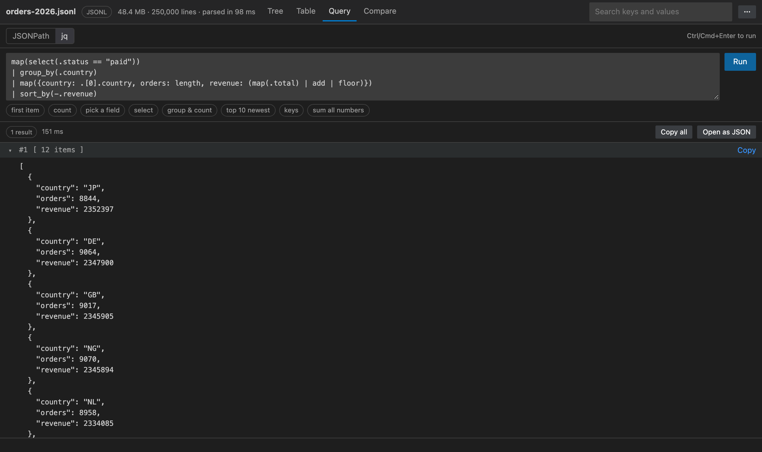 jq query on a 250,000-line JSONL file