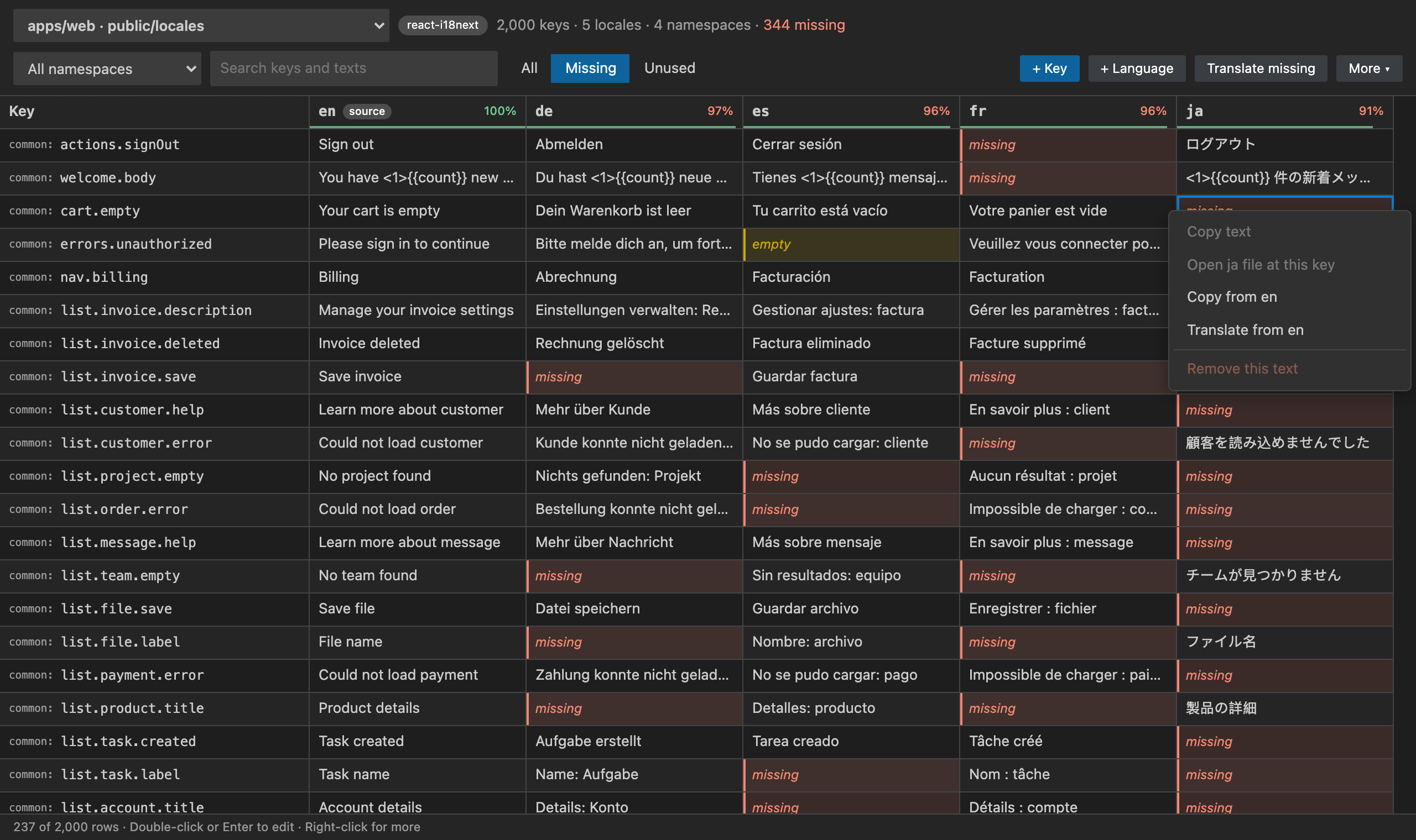 Only the missing translations, with the right-click menu