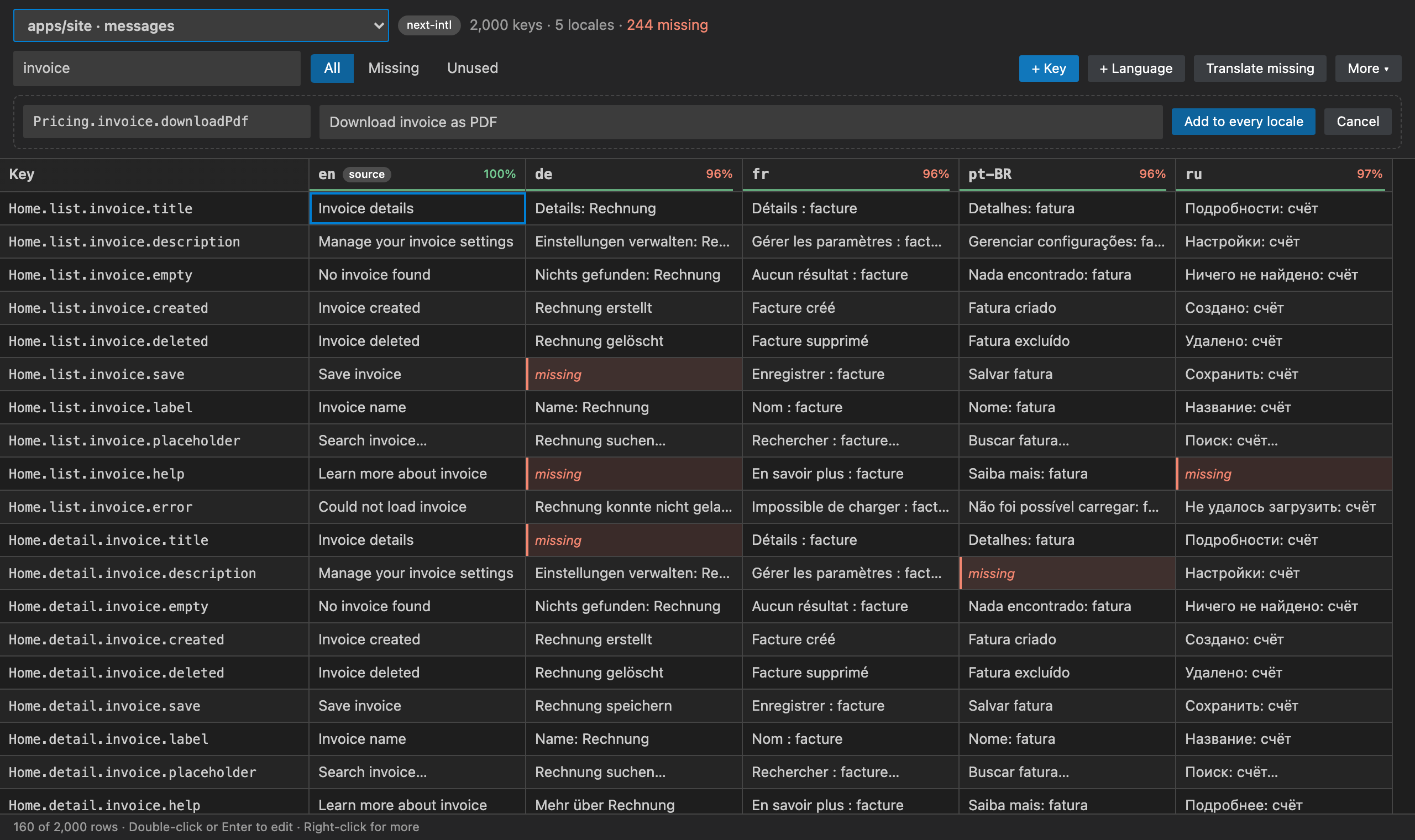 A next-intl app in a monorepo, with search and a new key