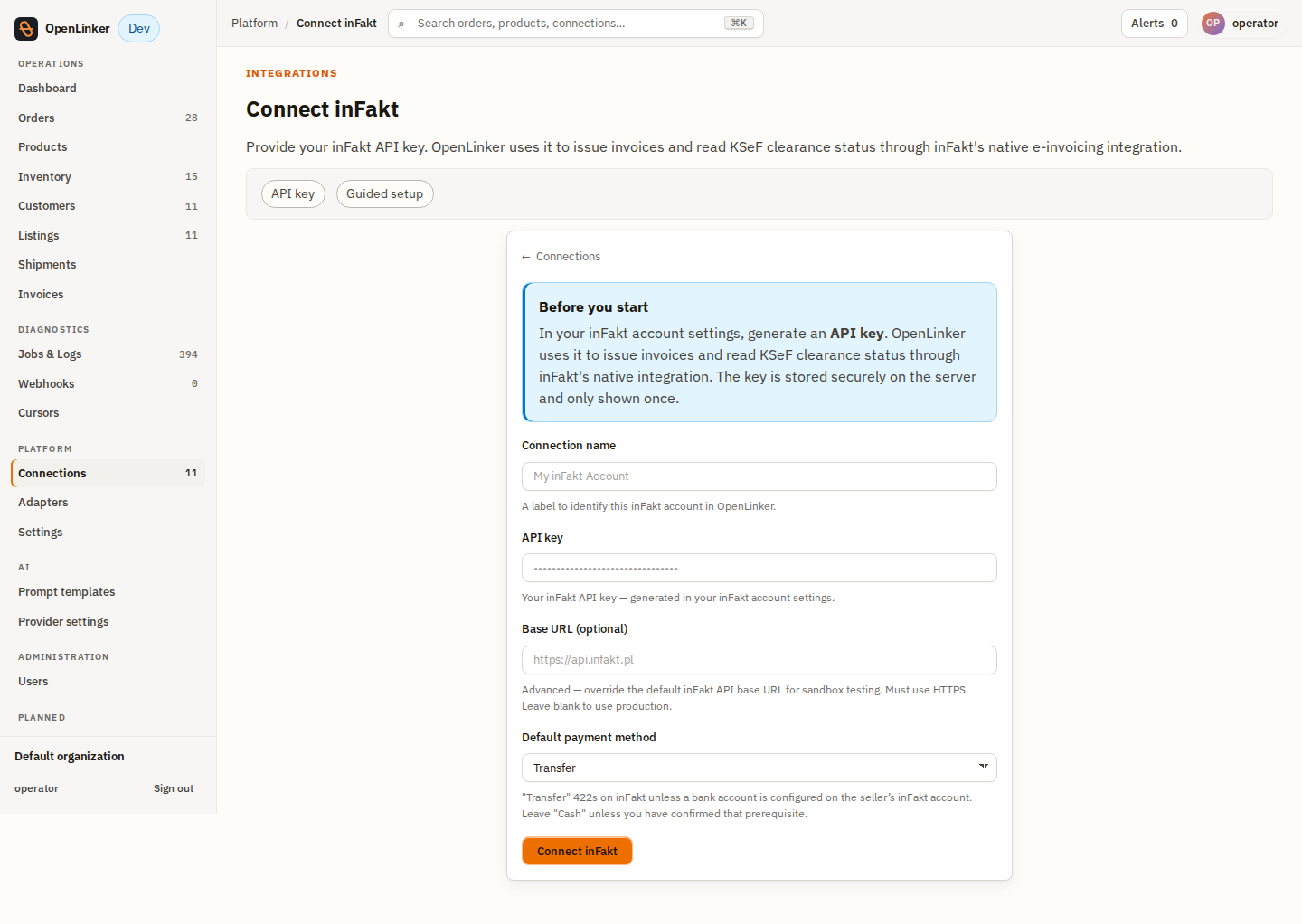 Guided setup form, empty