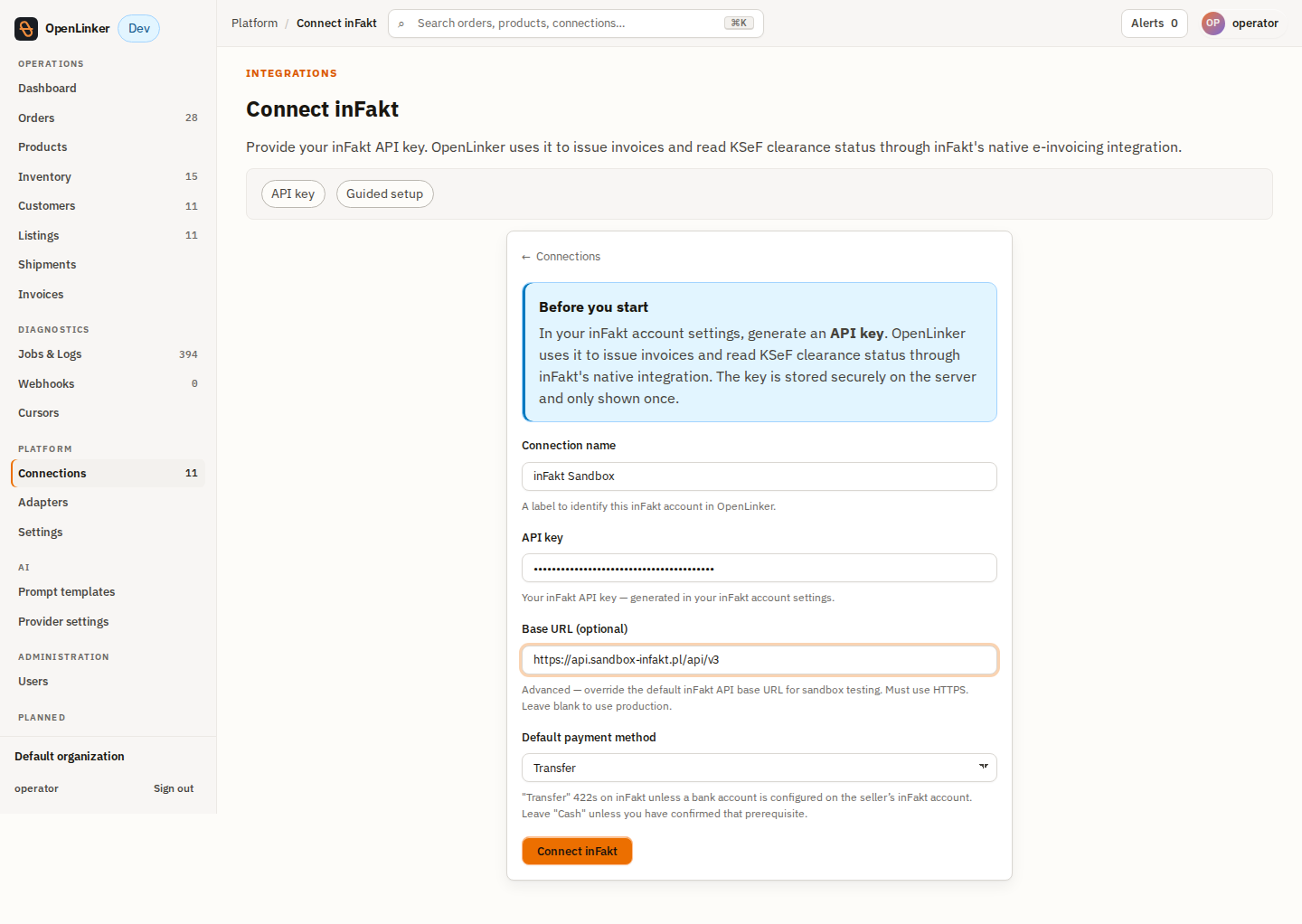 Guided setup form filled in, sandbox base URL set