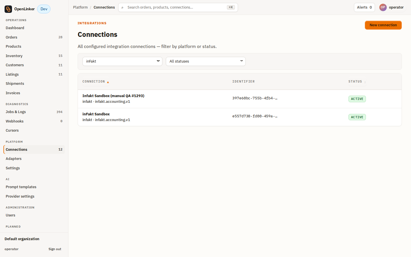 Connections list filtered to inFakt