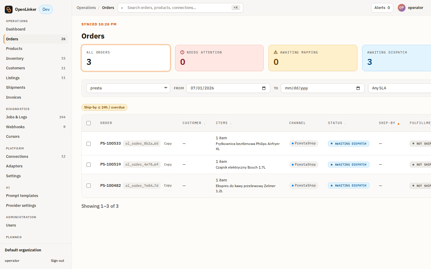 Clean, filtered orders list