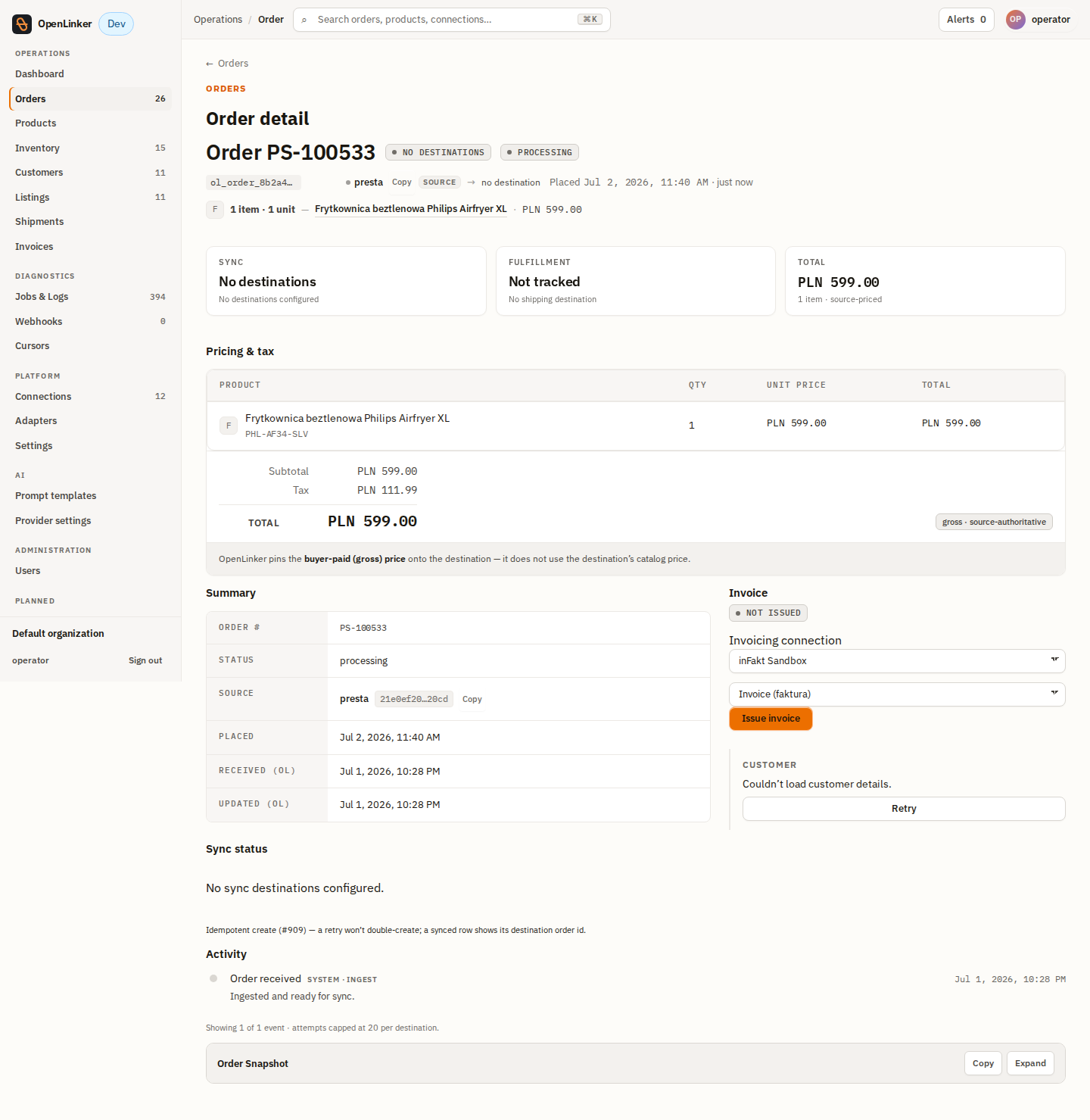 Order detail — not issued, ready to issue