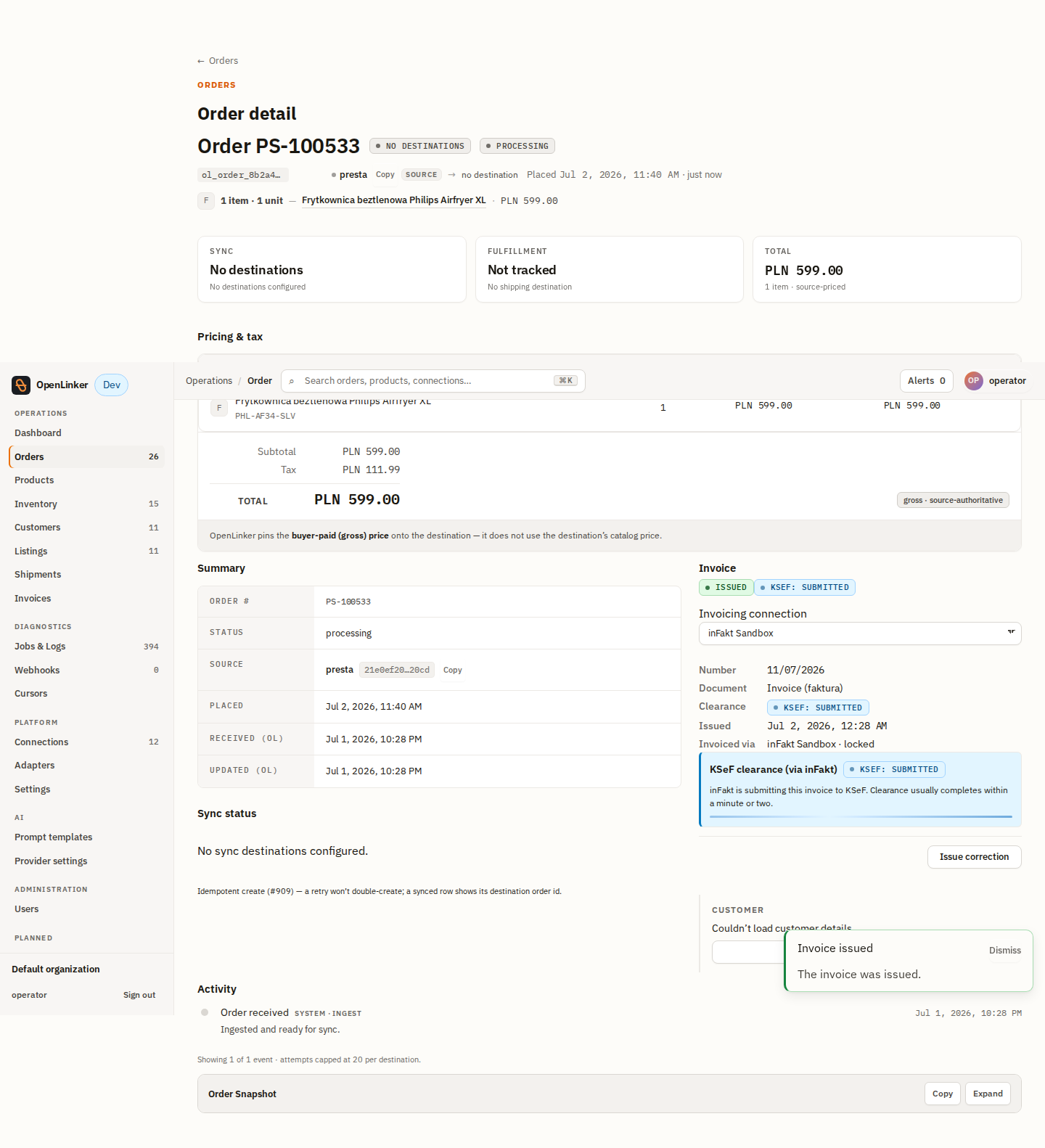 Invoice issued, submitted to KSeF, progress bar