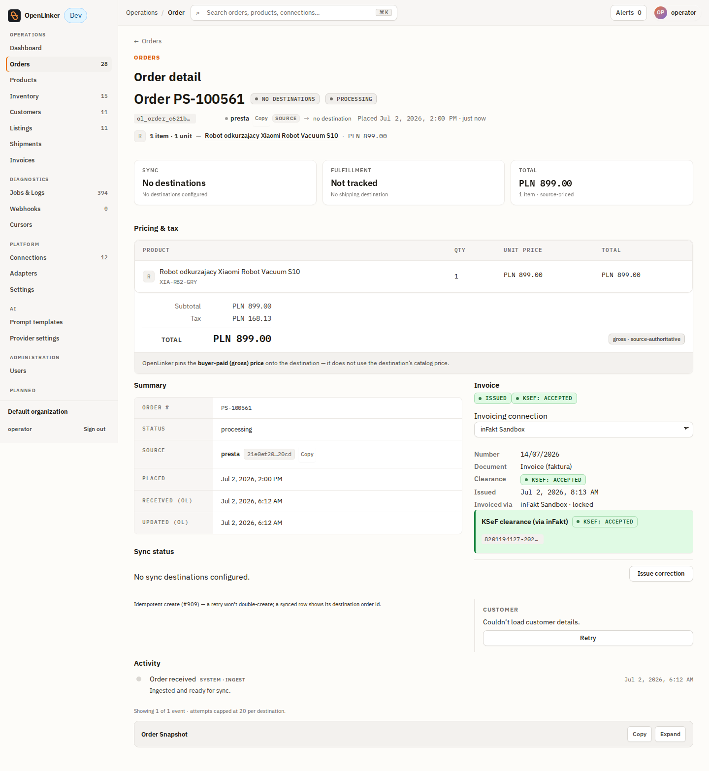 reg-card success tone — KSeF: ACCEPTED, real clearance reference