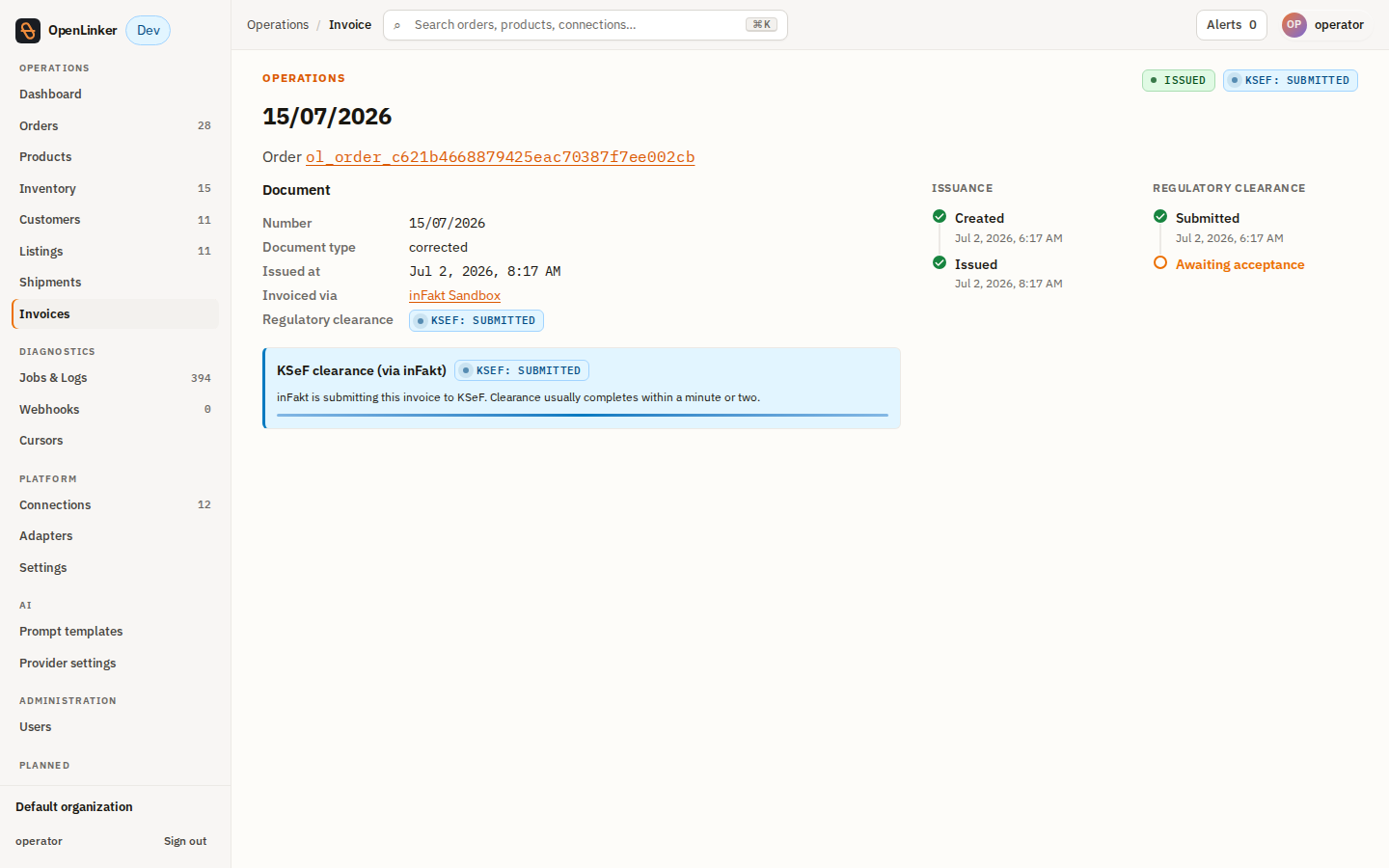 Full invoice detail page — reg-card, issuance/clearance timeline