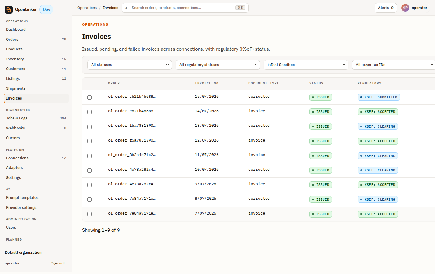 Invoices list — original accepted + correction submitted