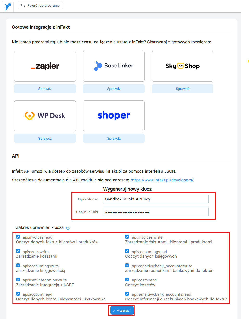 API settings — generate new key