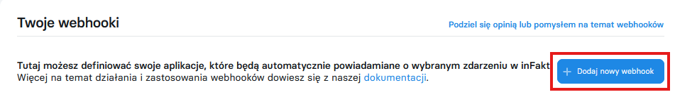 Webhooks list — Dodaj nowy webhook