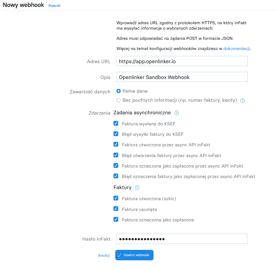 New webhook form filled in
