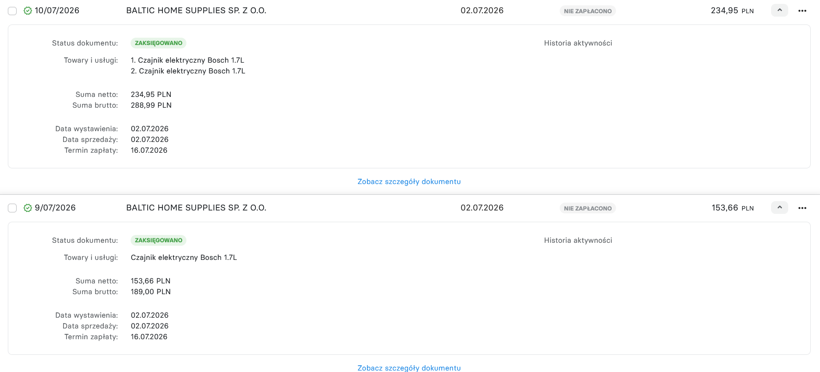 inFakt dashboard — both documents, correct PLN amounts