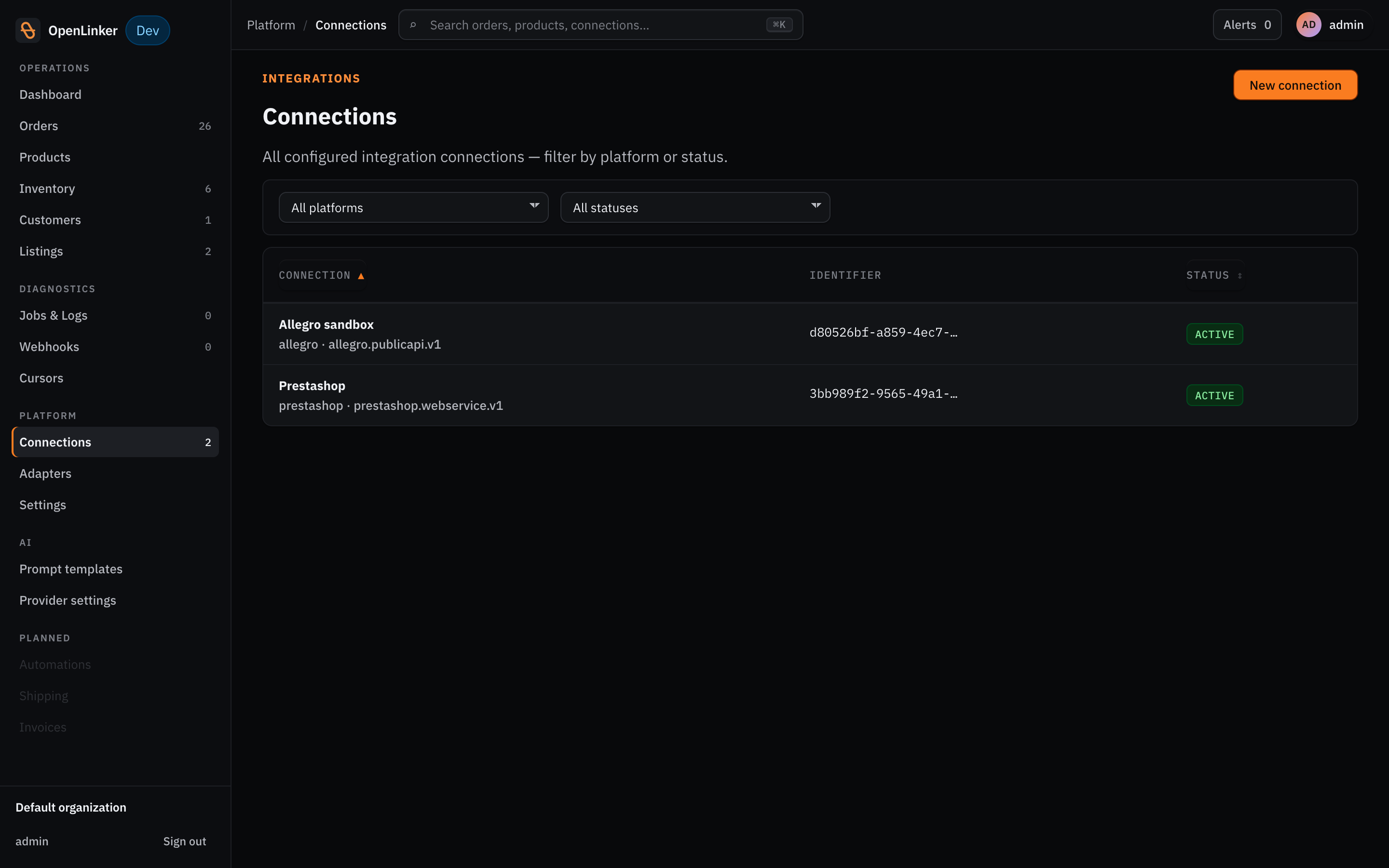 Connections page — multi-store, multi-marketplace from one instance