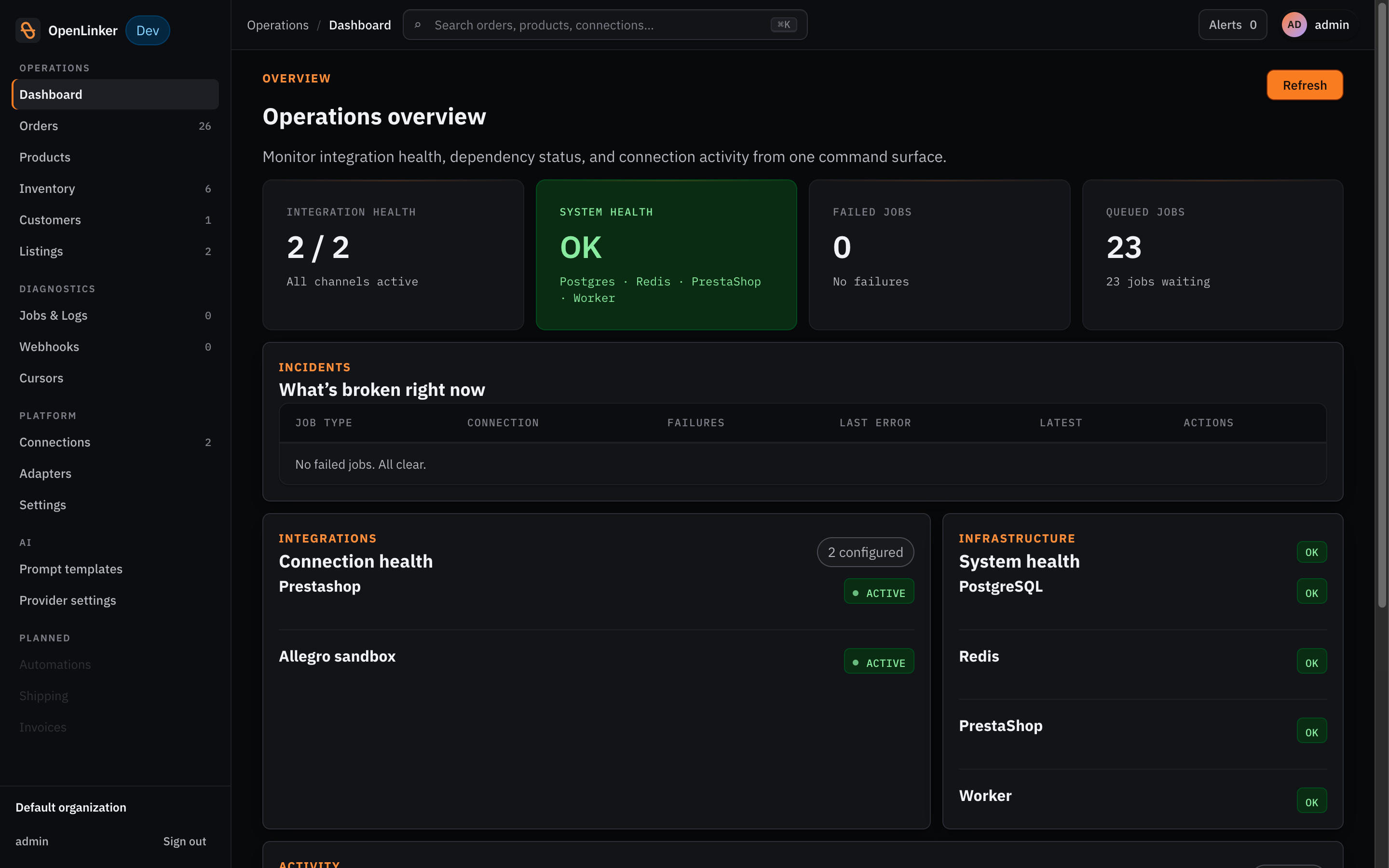 OpenLinker admin dashboard — jobs, connections, and recent orders at a glance