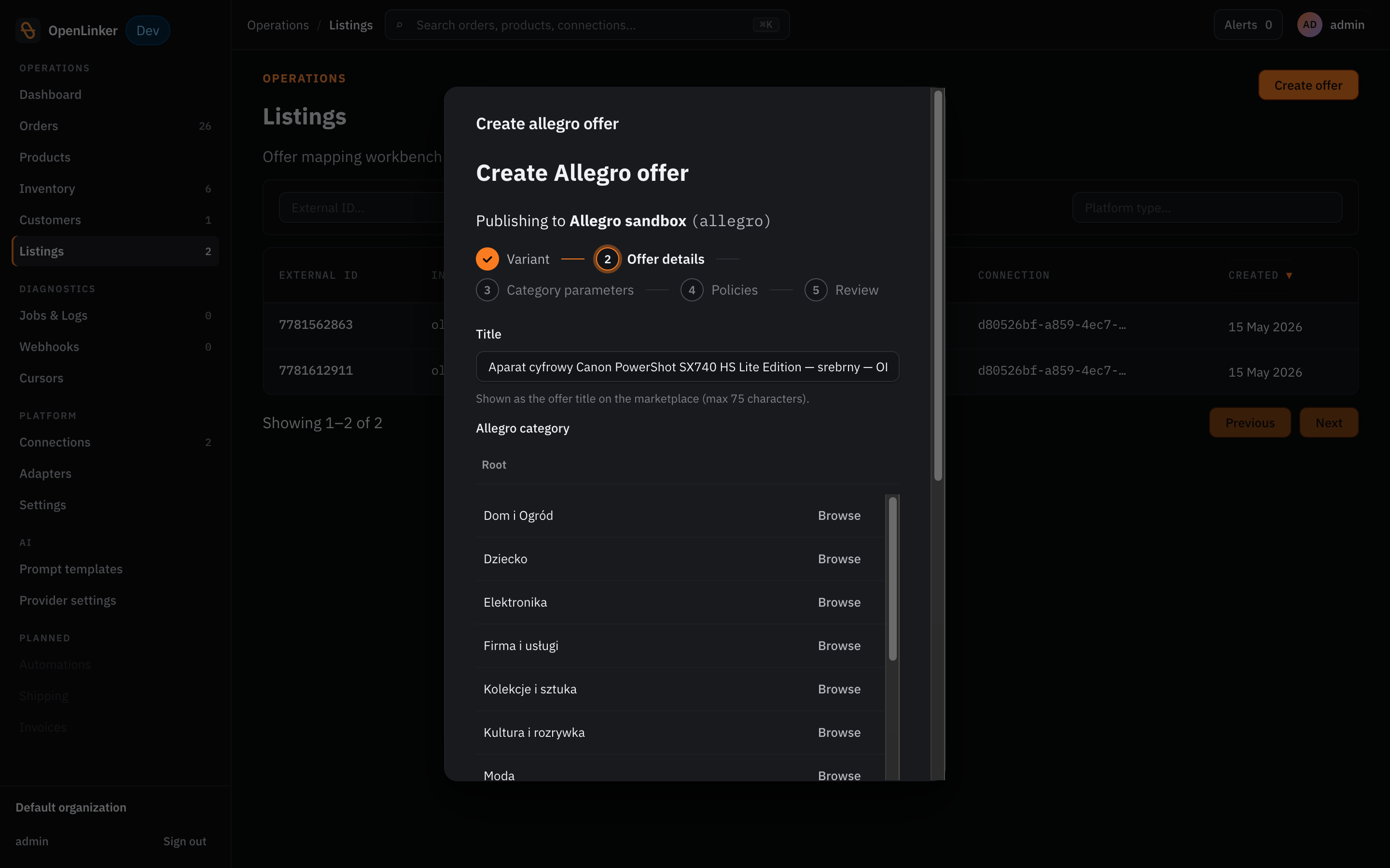 Create-offer wizard — category, parameters, GPSR, policies in one flow