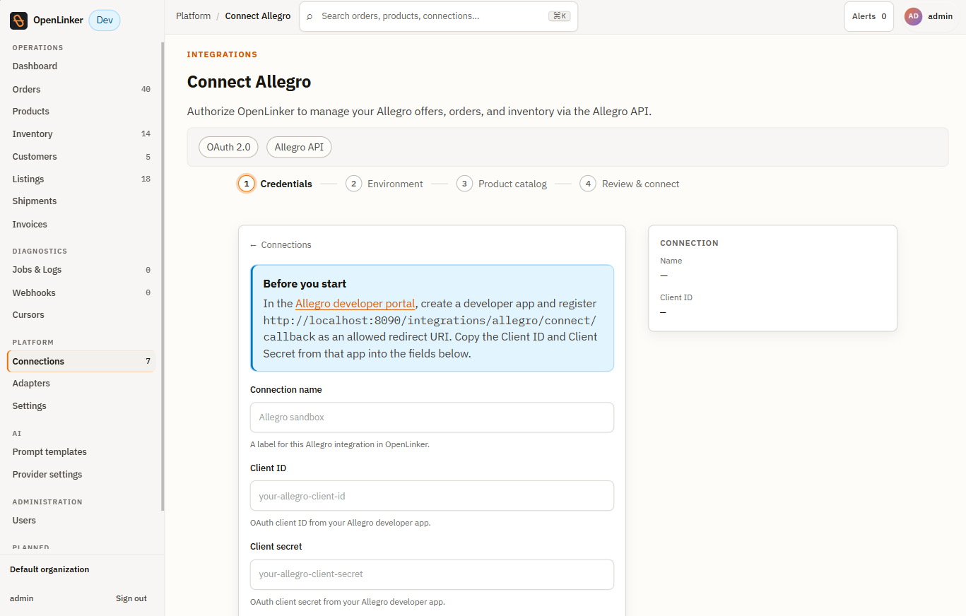 Allegro connection wizard — Credentials