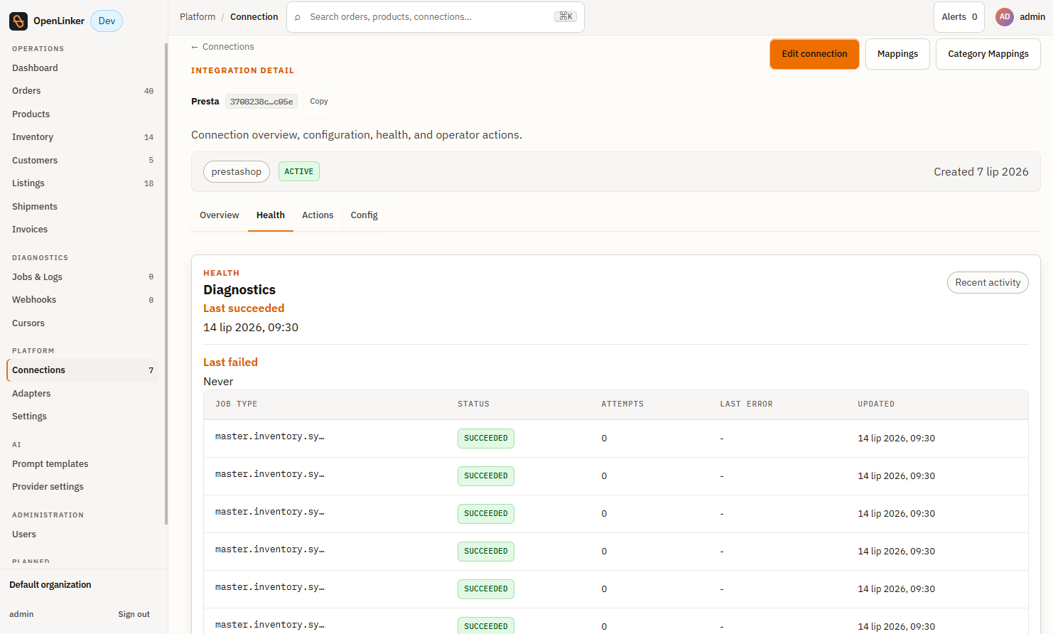 PrestaShop connection — Health tab