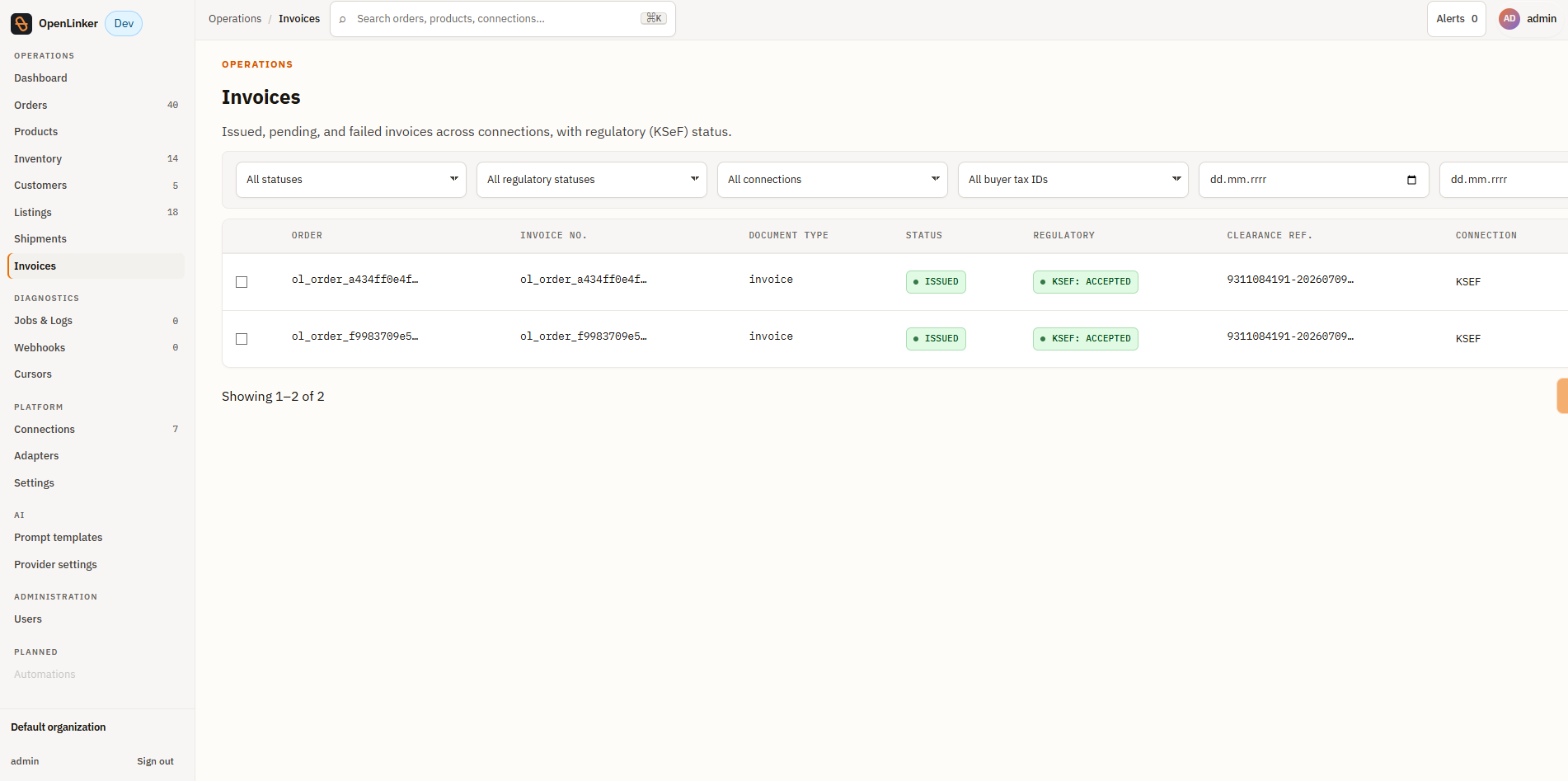 Invoices list