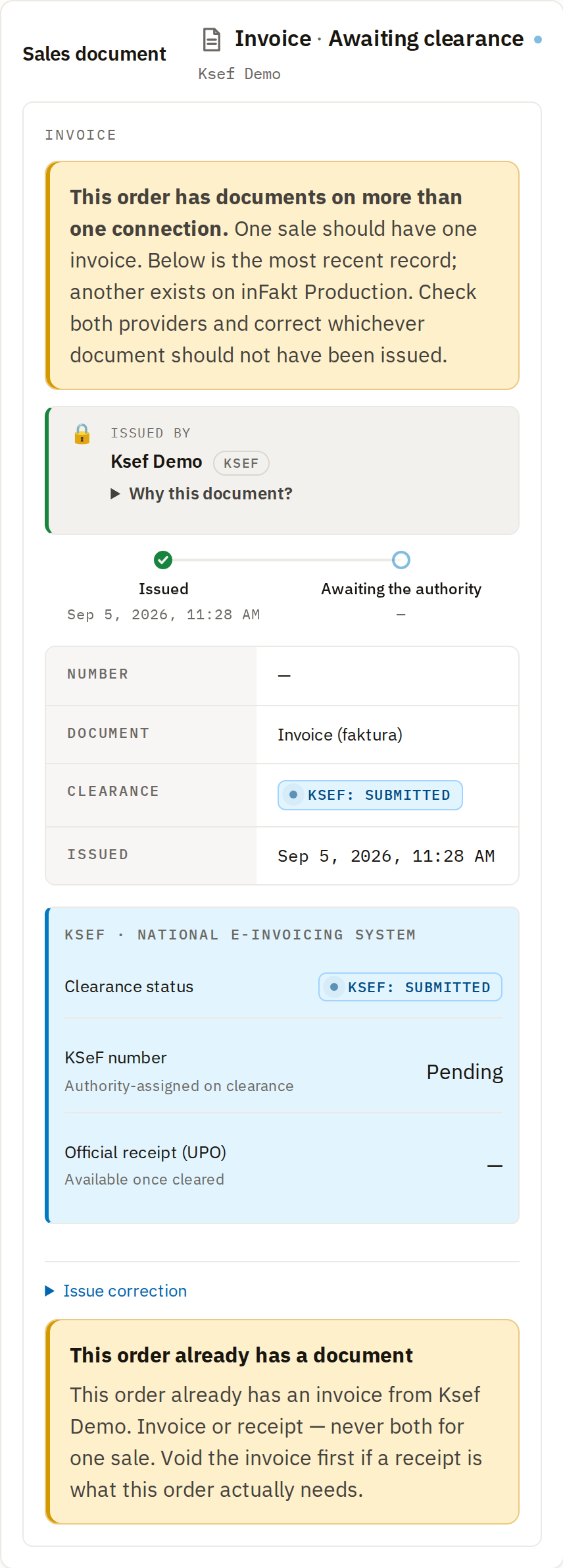 The Sales document panel for an invoice awaiting clearance: an "Issued by" card, a two-step stepper with Issued done and "Awaiting the authority" in progress, clearance reading KSEF: SUBMITTED, an Issue correction disclosure, and a warning that this order has documents on more than one connection