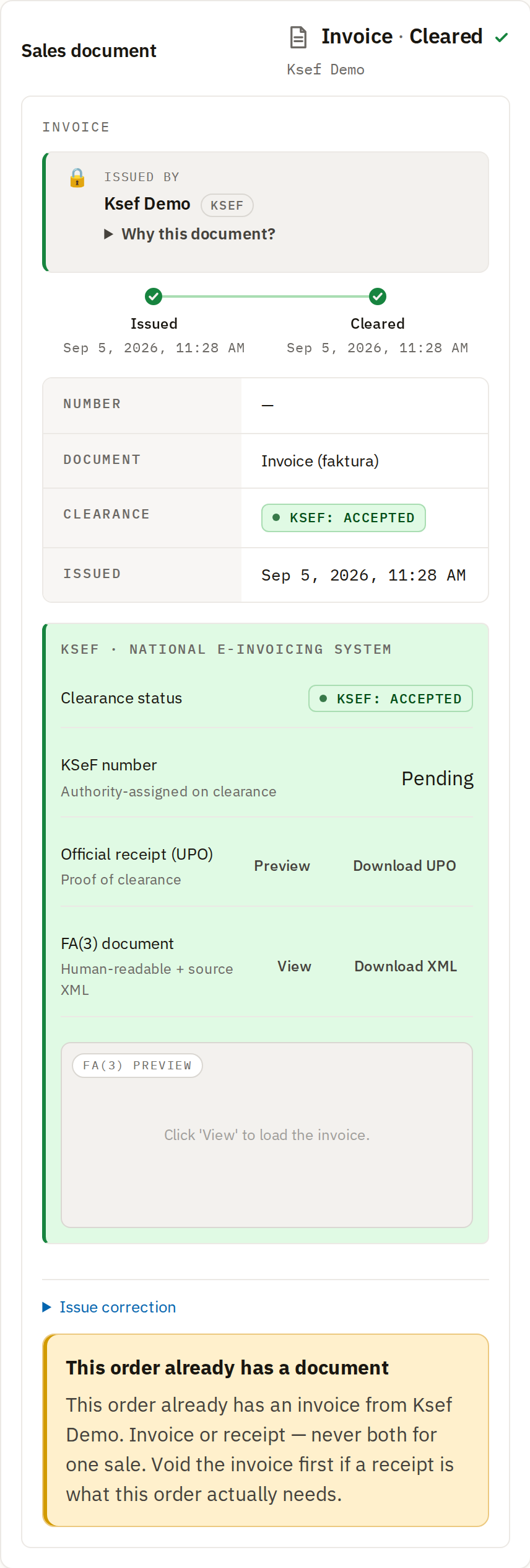 The Sales document panel for a cleared invoice: both stepper steps done, the second labelled Cleared, clearance reading KSEF: ACCEPTED, and the UPO and FA(3) document rows now available with Preview / Download actions