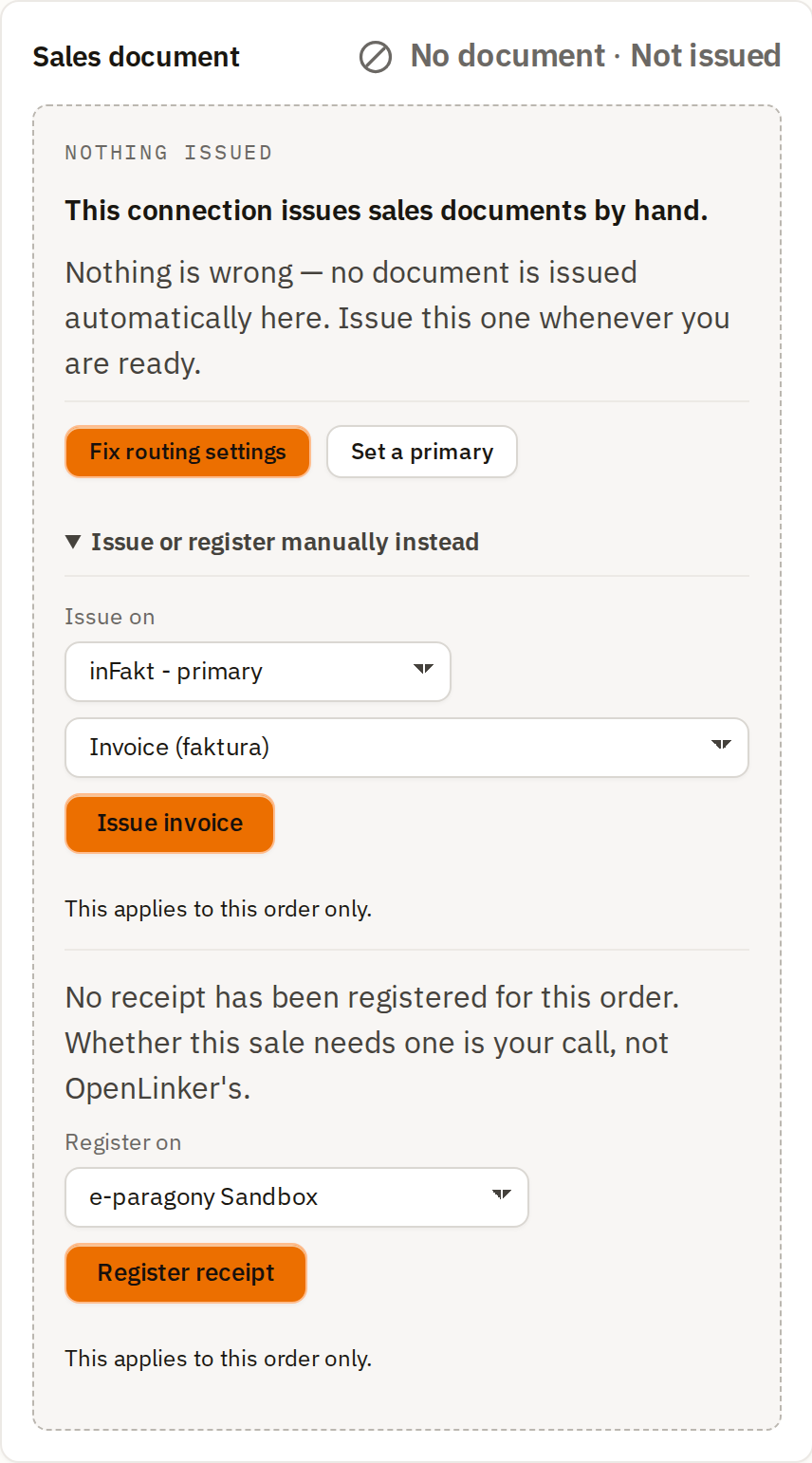 Sales document panel in the "nothing issued" state with the manual disclosure expanded: the "This connection issues sales documents by hand." block with Fix routing settings and Set a primary, then an "Issue or register manually instead" disclosure holding an "Issue on" connection picker, a document-type picker and an Issue invoice button, and below it a Register on picker with a Register receipt button