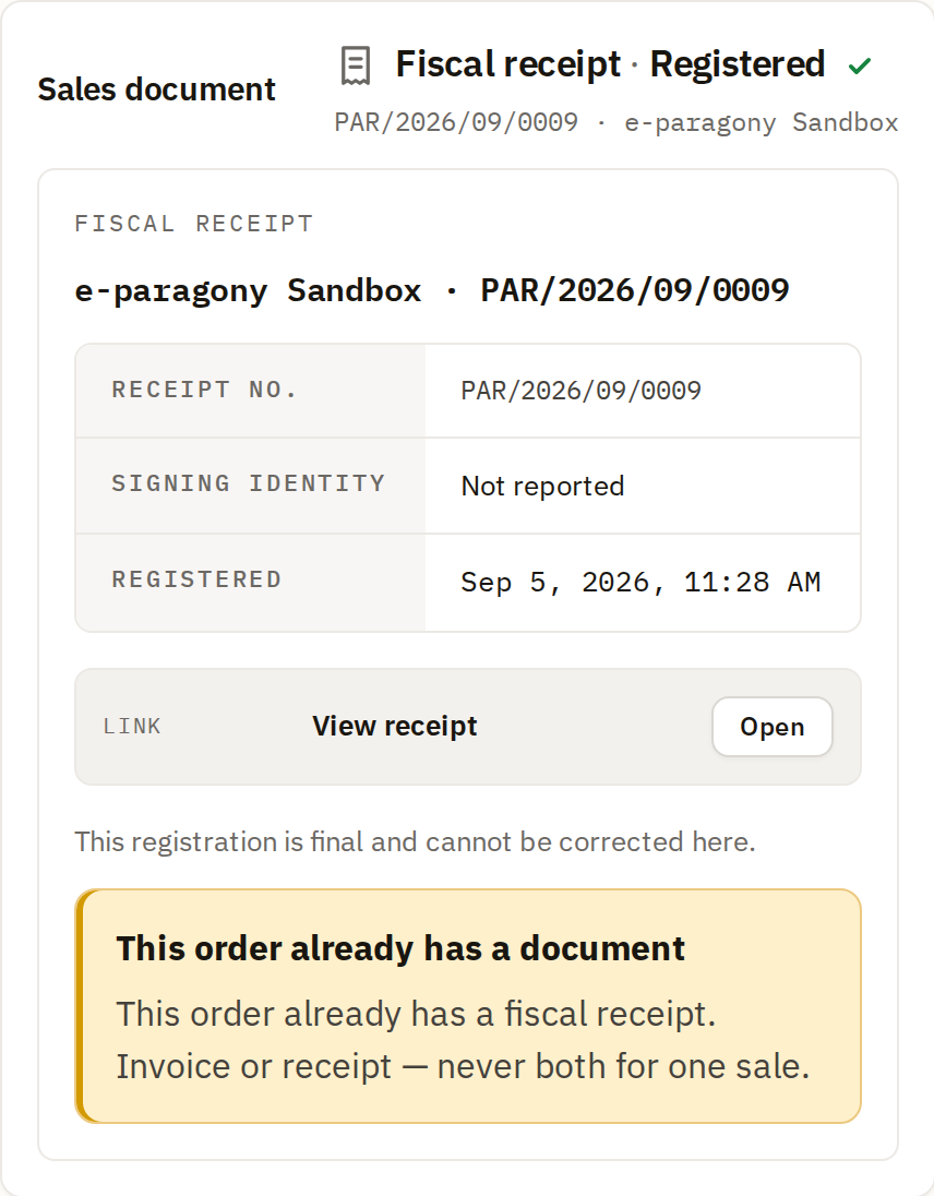 Sales document panel: Fiscal receipt · Registered — receipt number, signing identity, registered timestamp and a link to open the receipt, plus a note that the registration is final