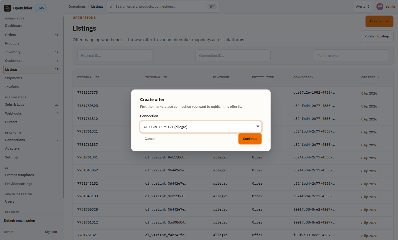 Create offer — connection picker
