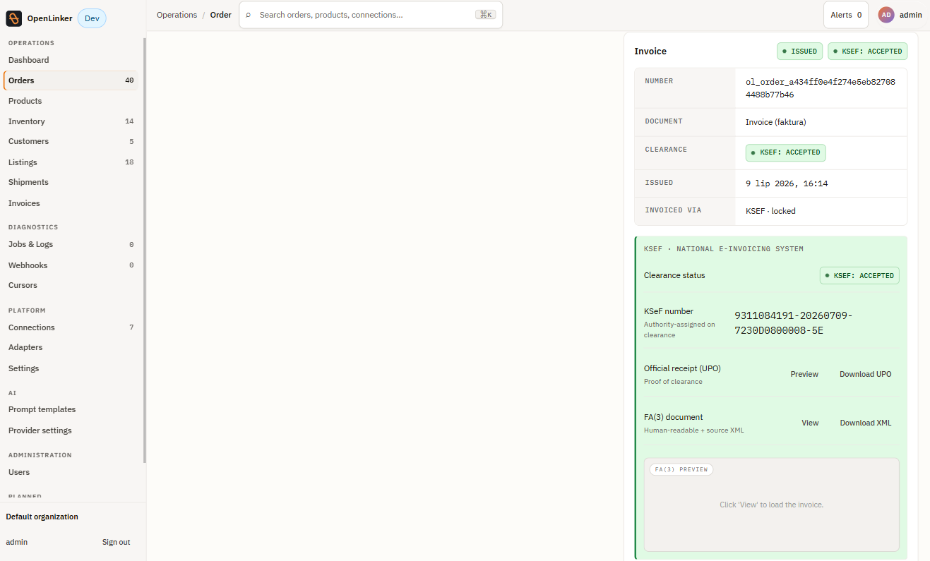 Order detail — Sync status, Shipment, and Invoice panels