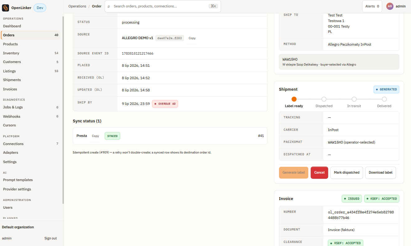 Order detail — Shipment panel with Generate label form