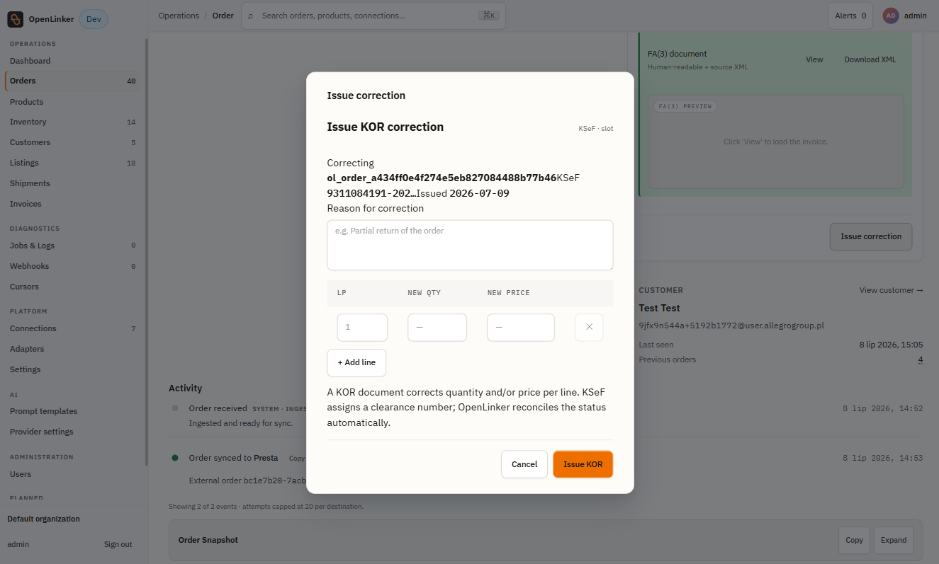 Issue correction dialog — KOR correction with per-line quantity/price deltas