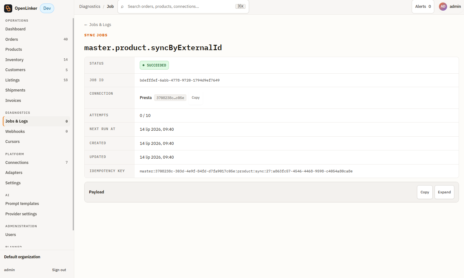 Job detail — metadata and payload