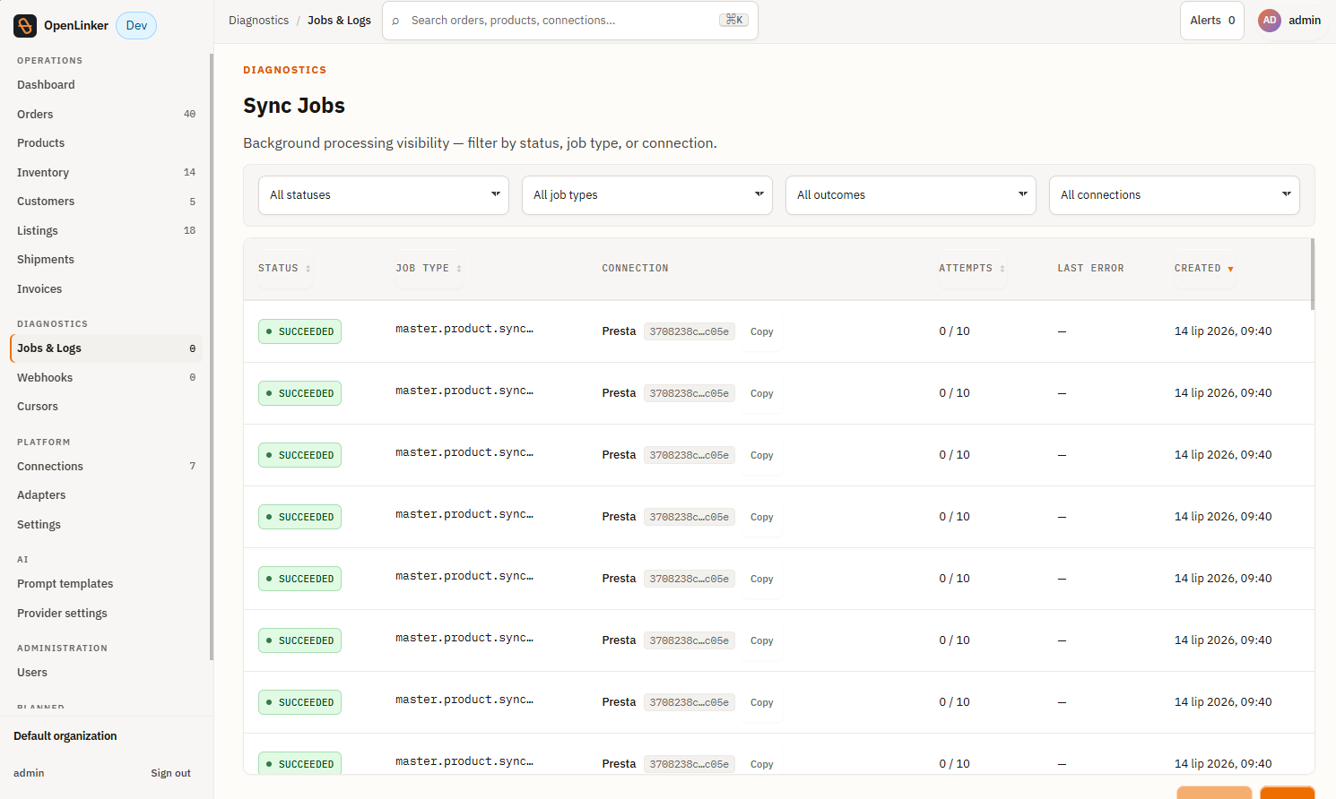 Sync Jobs list