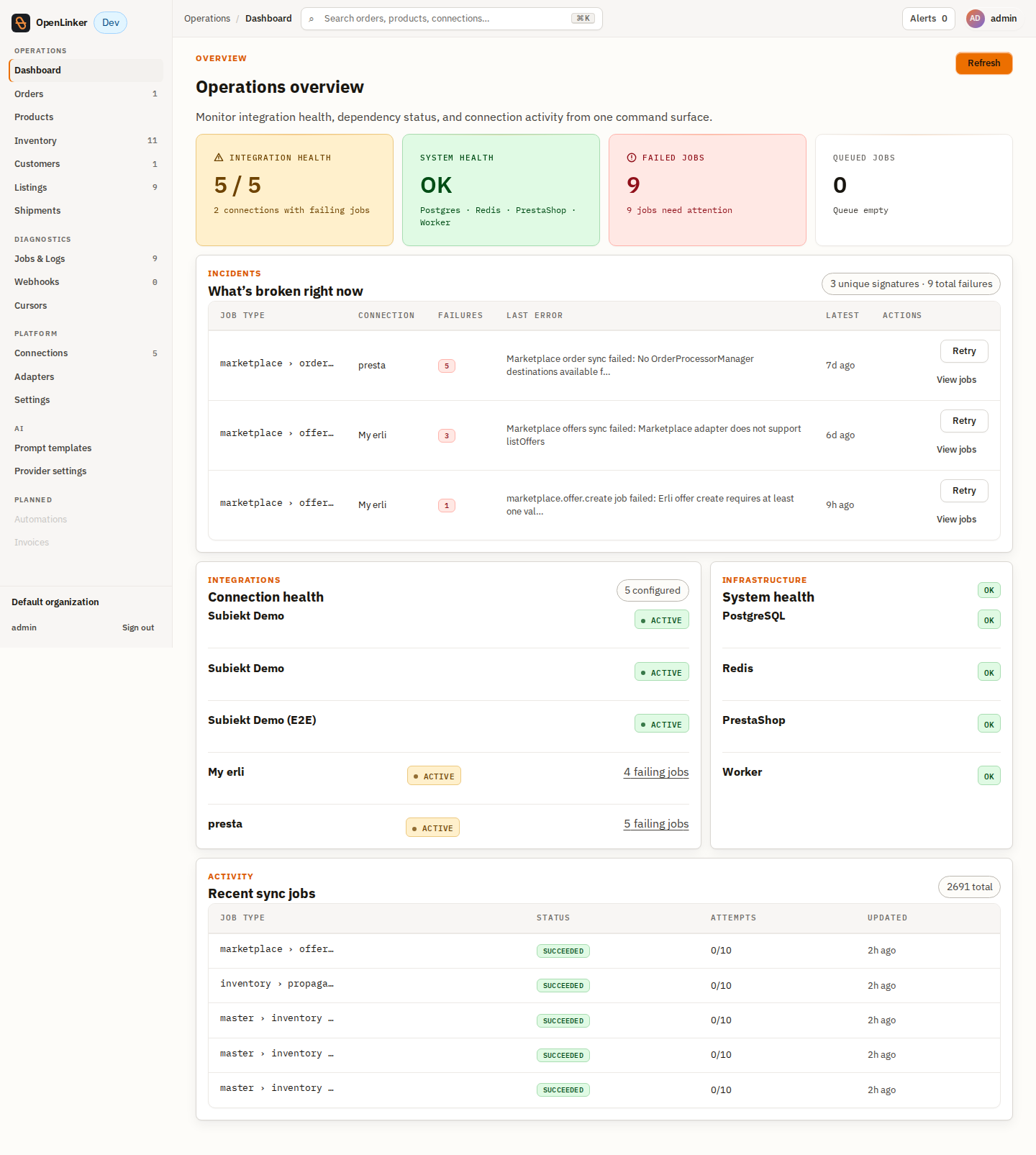 OpenLinker dashboard