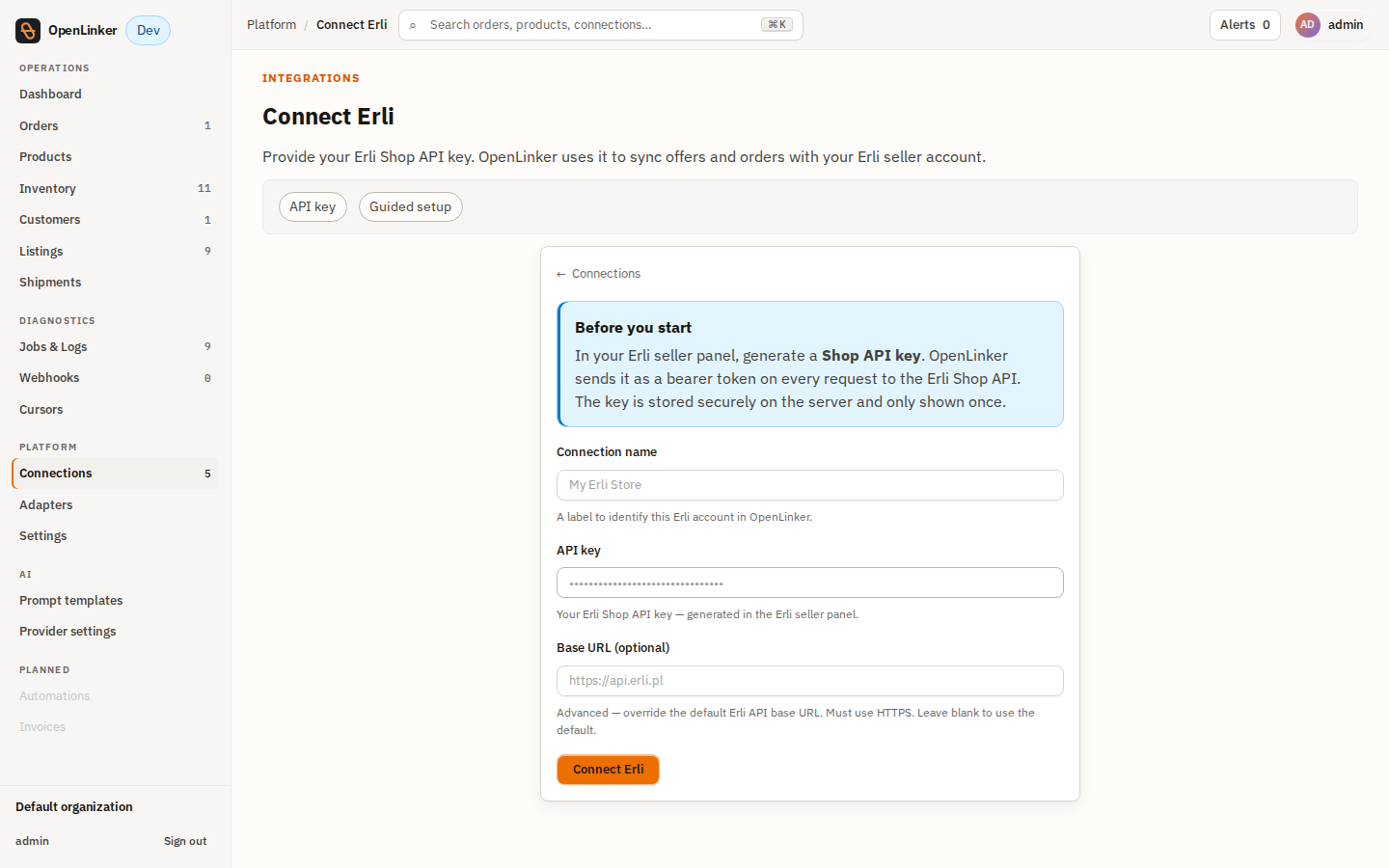 Erli setup form