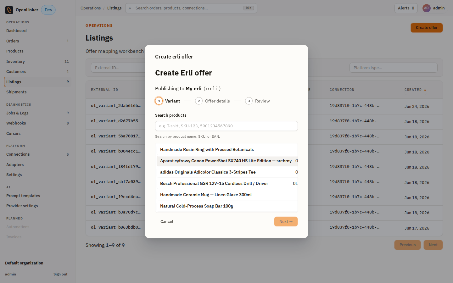 Wizard — product list