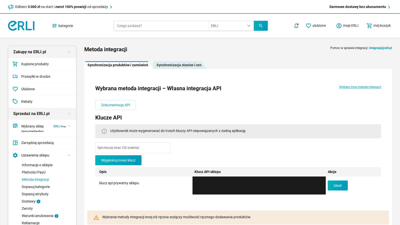 Erli seller panel — Metoda integracji → Własna integracja API → Klucze API