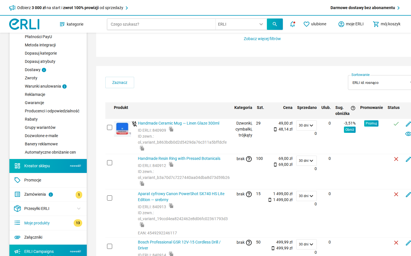 OL-created offers in the Erli seller panel (Moje produkty)
